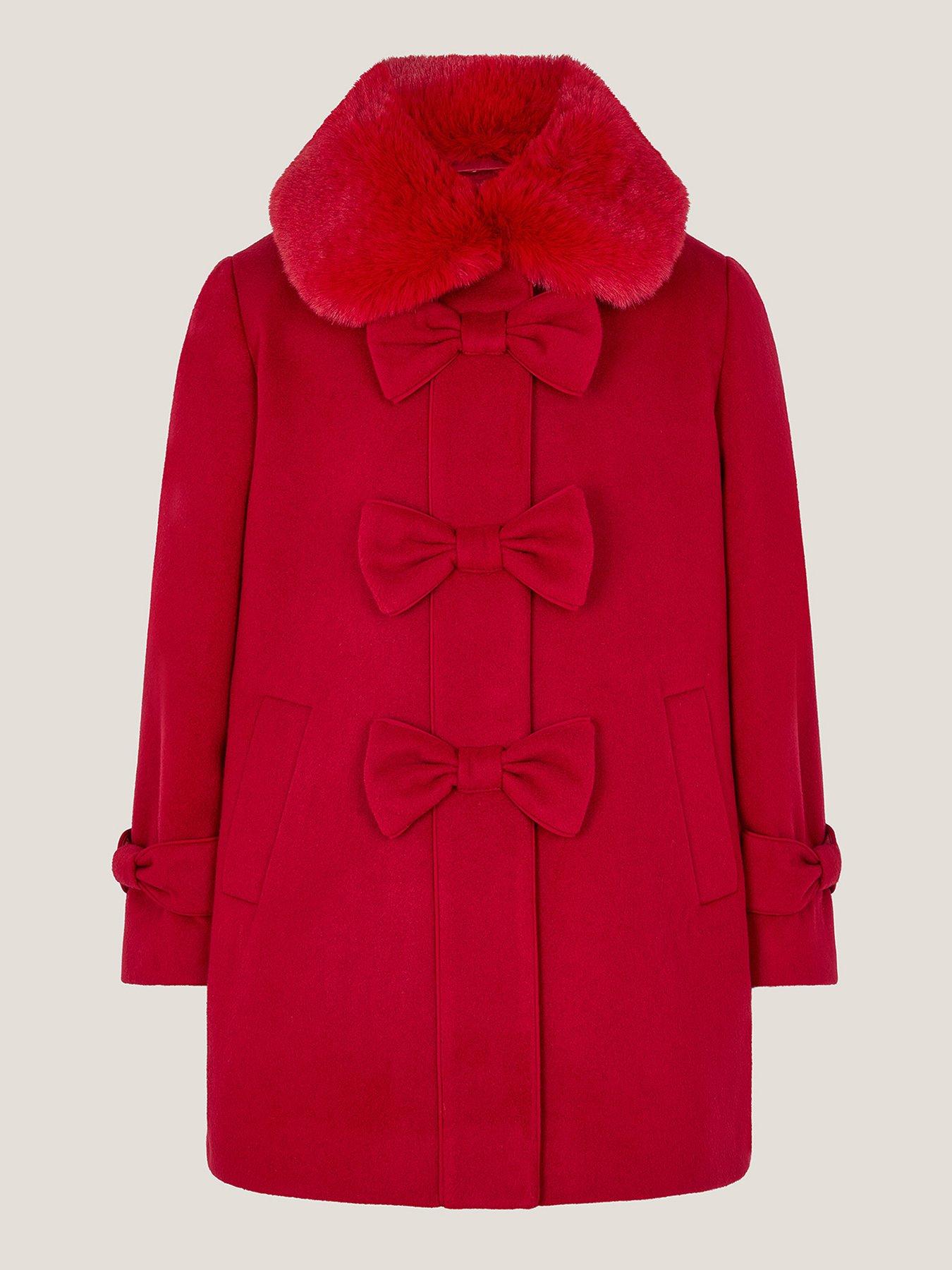 Monsoon Girls Bow Faux Fur Swing Coat - Red