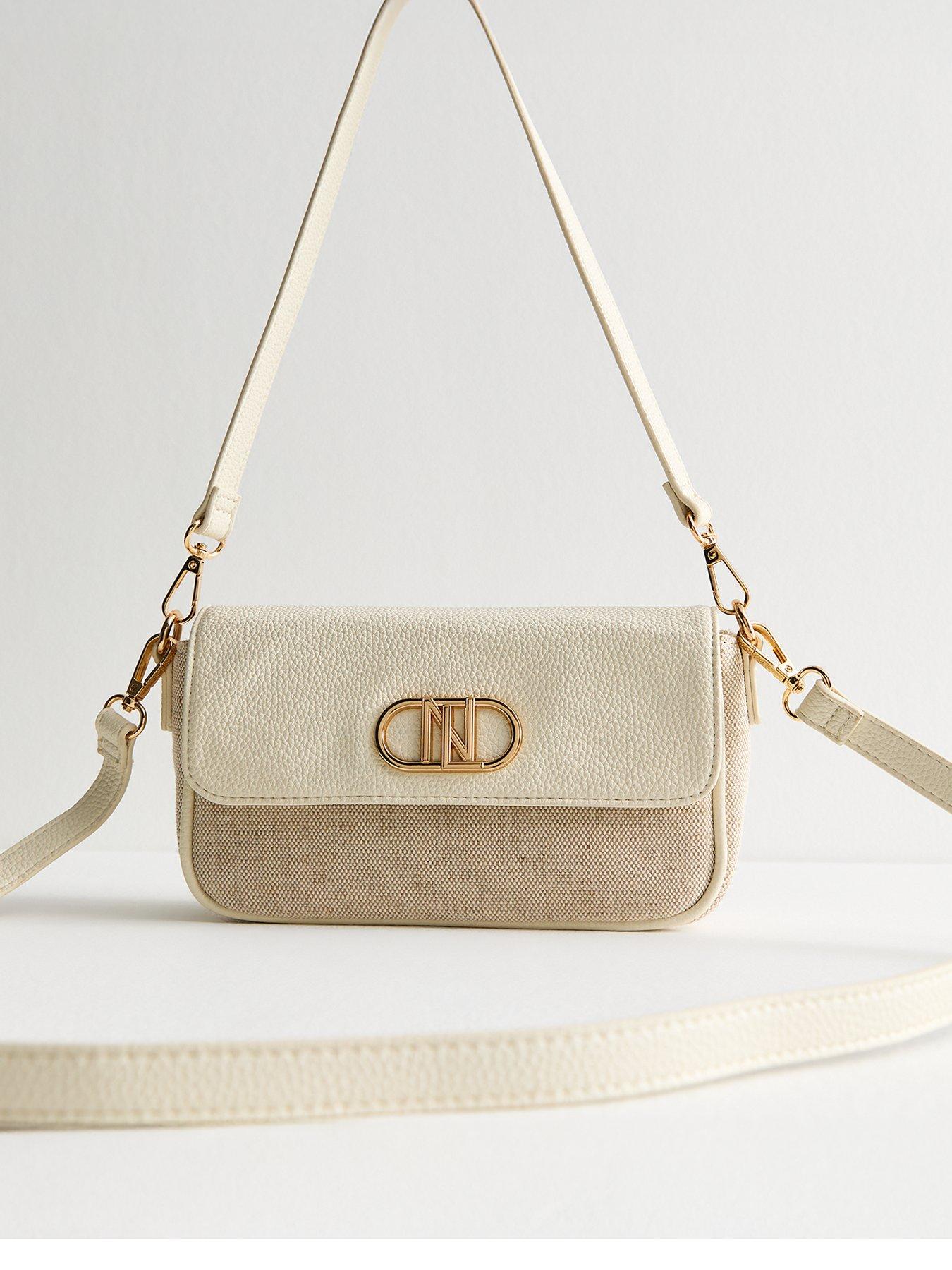 undefined Cream Canvas Logo Plaque Shoulder Bag