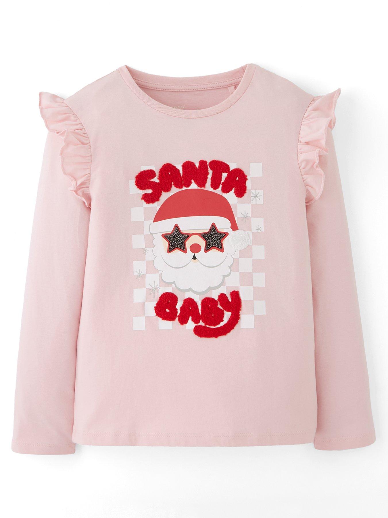 The Very Collection Girls Long Sleeve Christmas Santa T-shirt - Pink