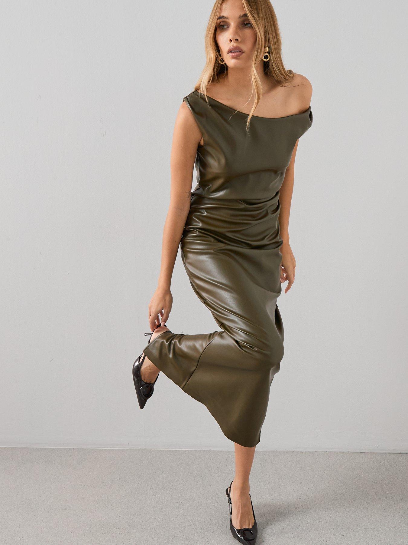 The Very Collection Pu Slouched Shoulder Midaxi Dress - Green | Very