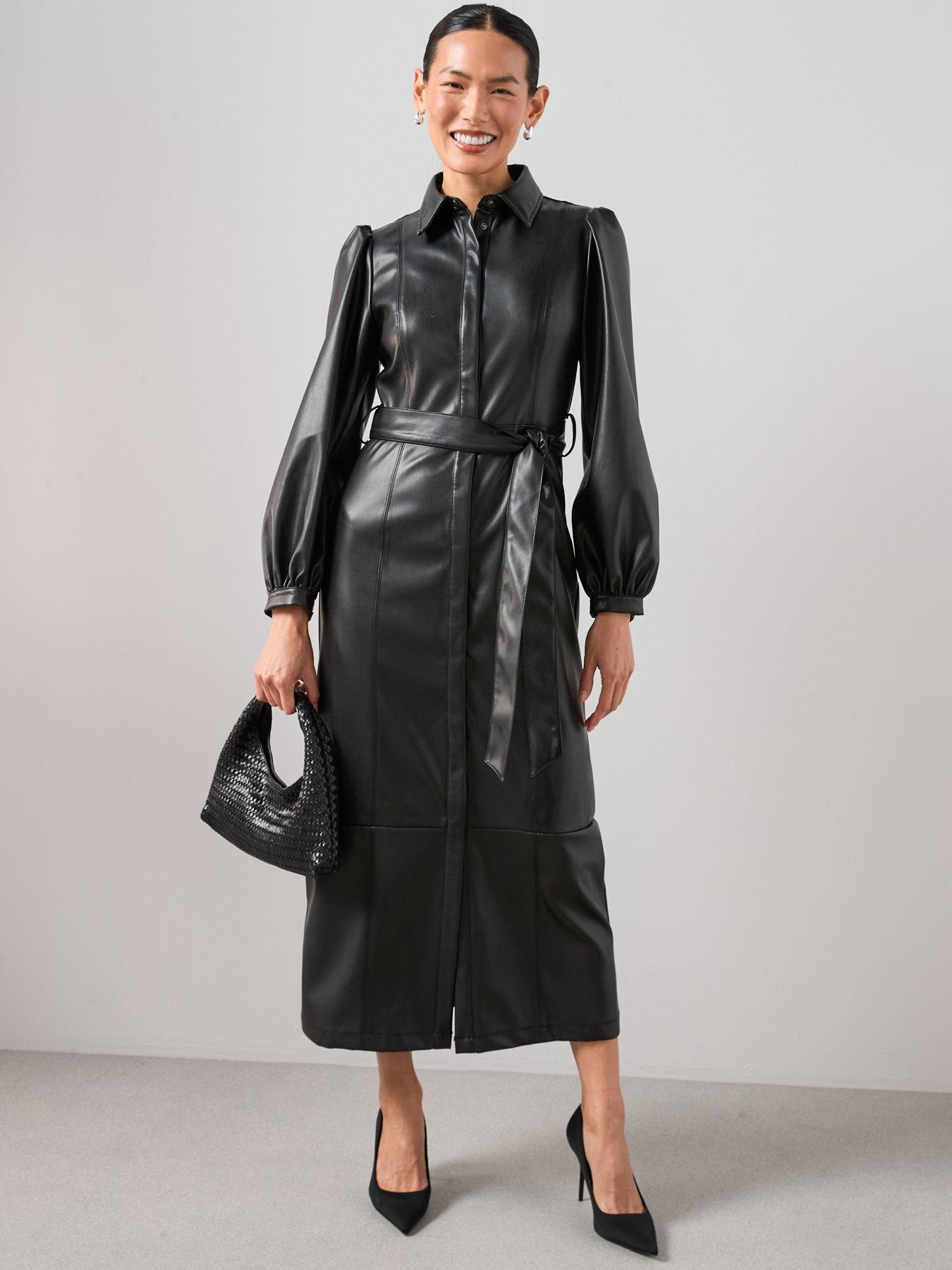 Image 3 of 7 of The Very Collection Pu Belted Midaxi Shirt Dress - Black
