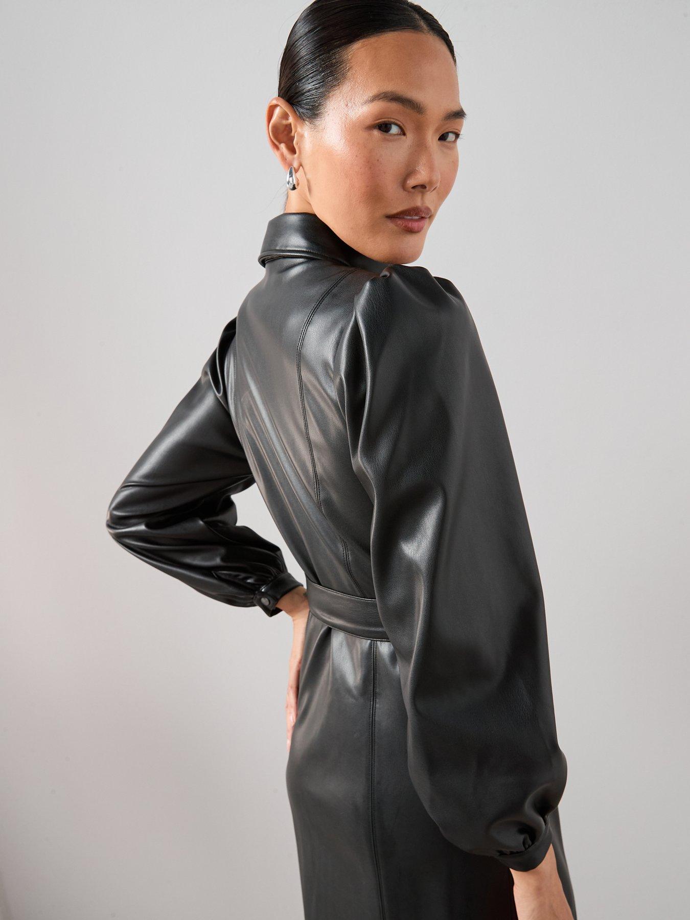 Image 5 of 7 of The Very Collection Pu Belted Midaxi Shirt Dress - Black