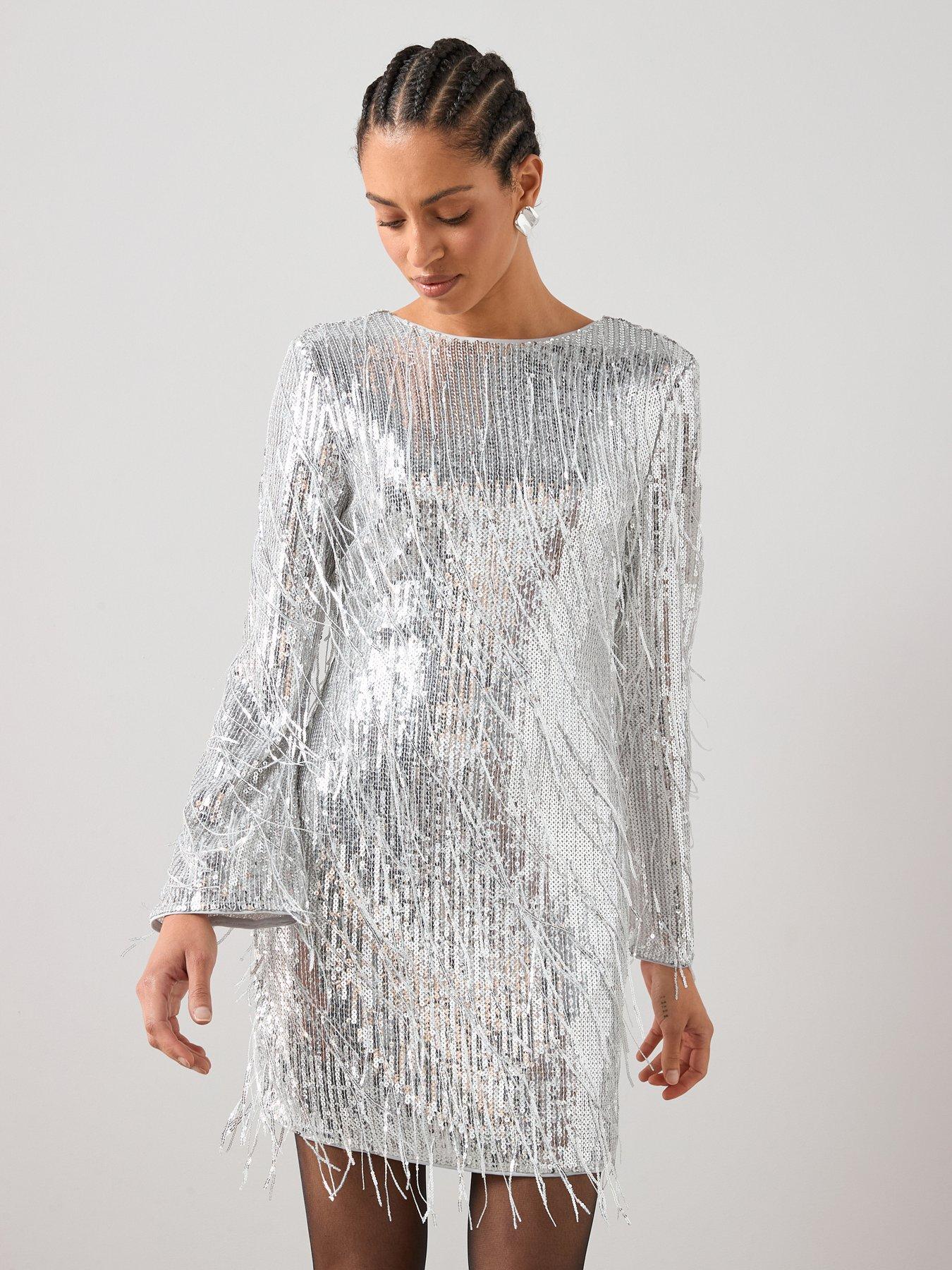 Image 1 of 6 of The Very Collection Fringed Sequin Mini Dress - Silver