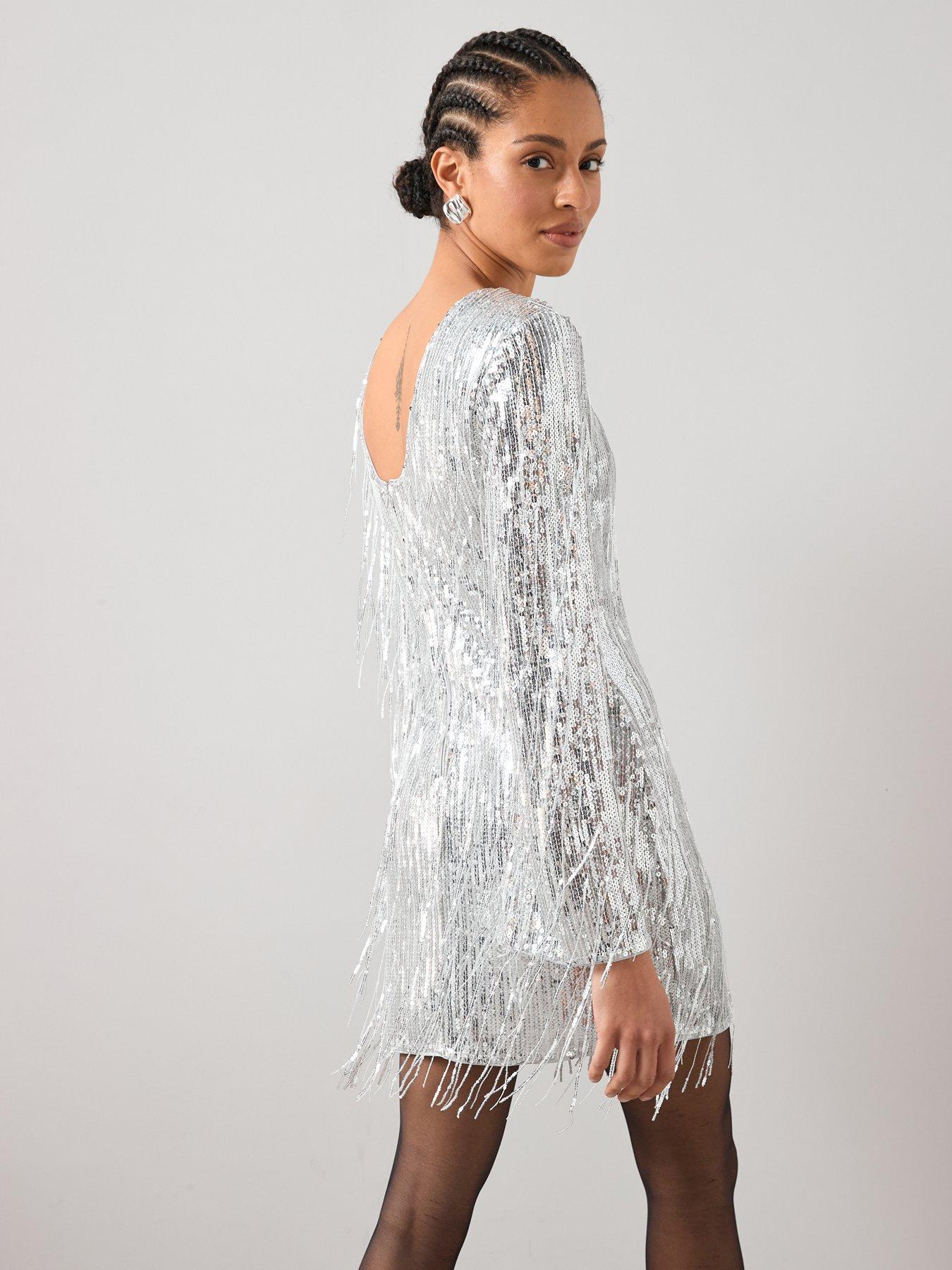 Image 5 of 6 of The Very Collection Fringed Sequin Mini Dress - Silver