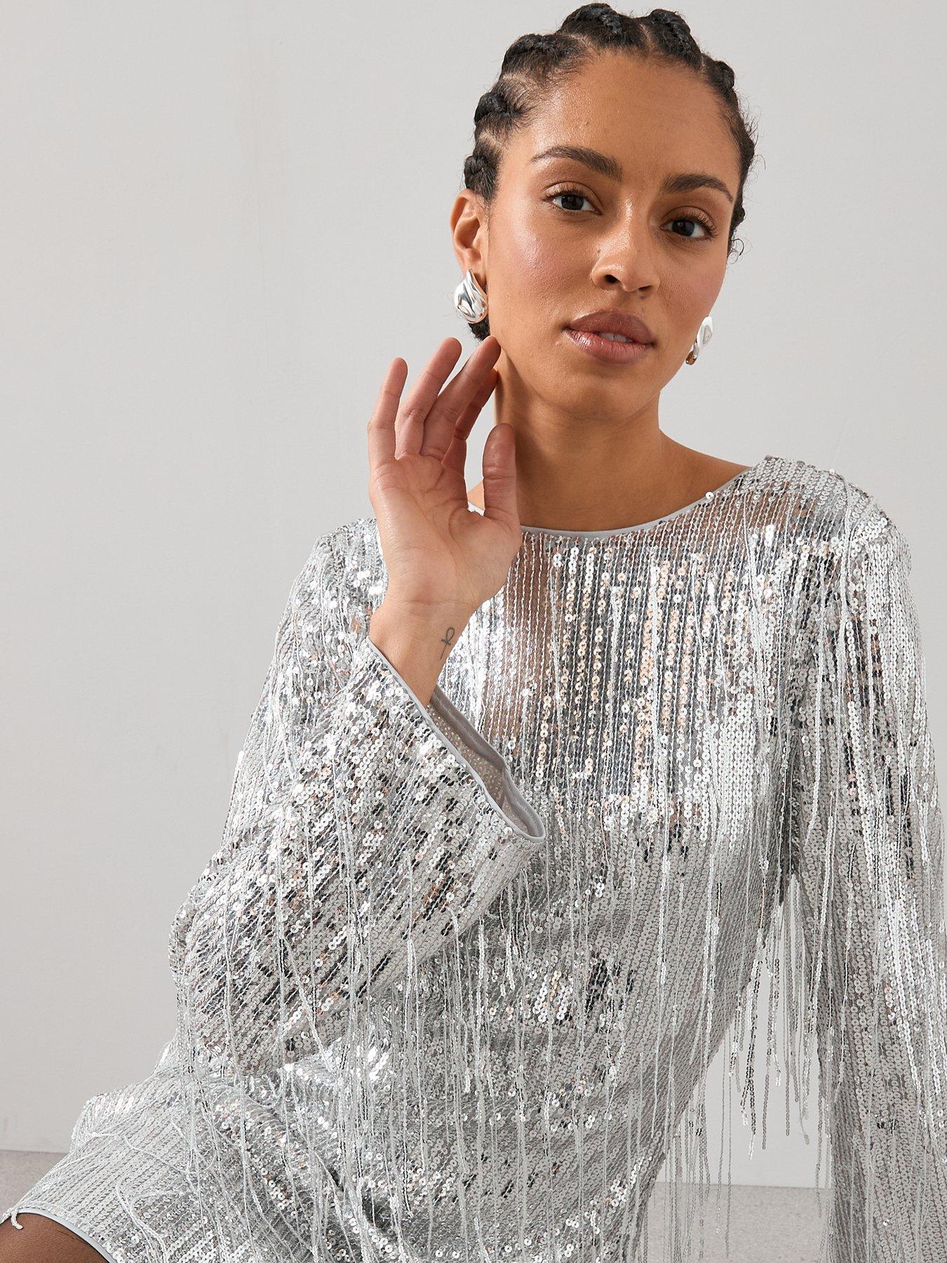 Image 6 of 6 of The Very Collection Fringed Sequin Mini Dress - Silver