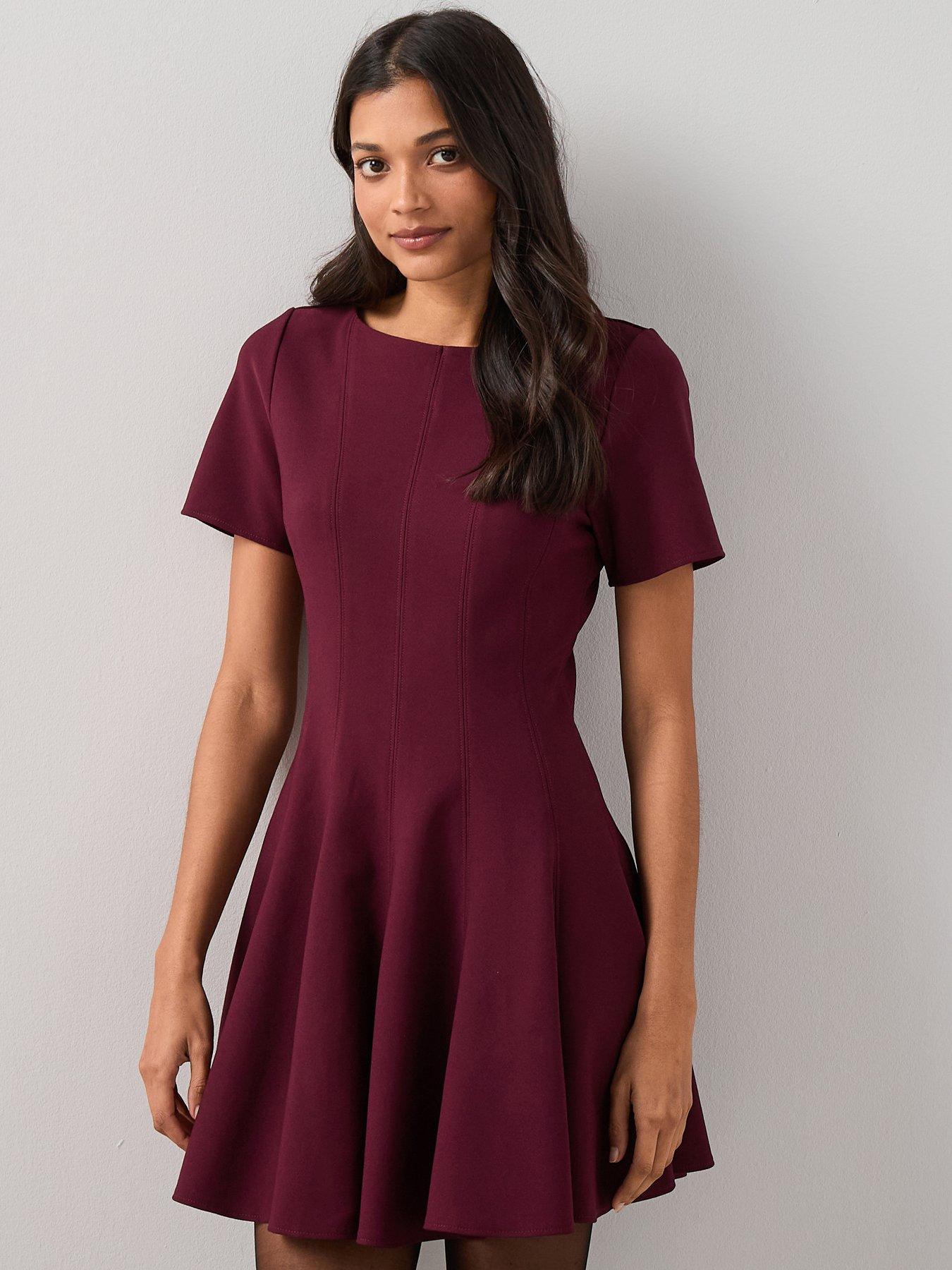 The Very Collection: Short Sleeve Godet Mini Dress Burgundy - Red