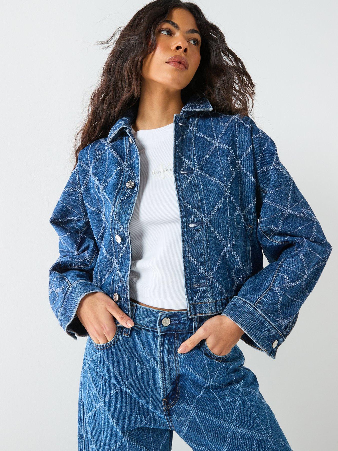 Calvin Klein Jeans Trucker Ck Print Denim Jacket, Blue, Size Xs, Women
