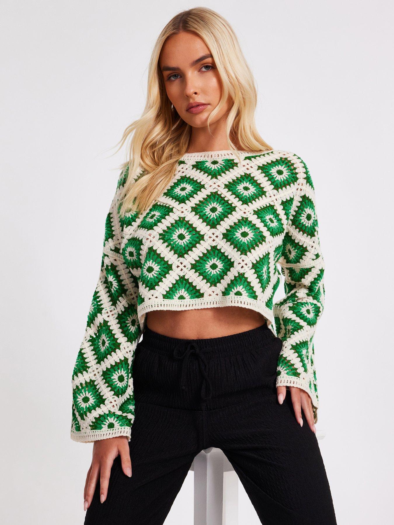Image 1 of 1 of Quiz Green Crochet Geometric Crop Top