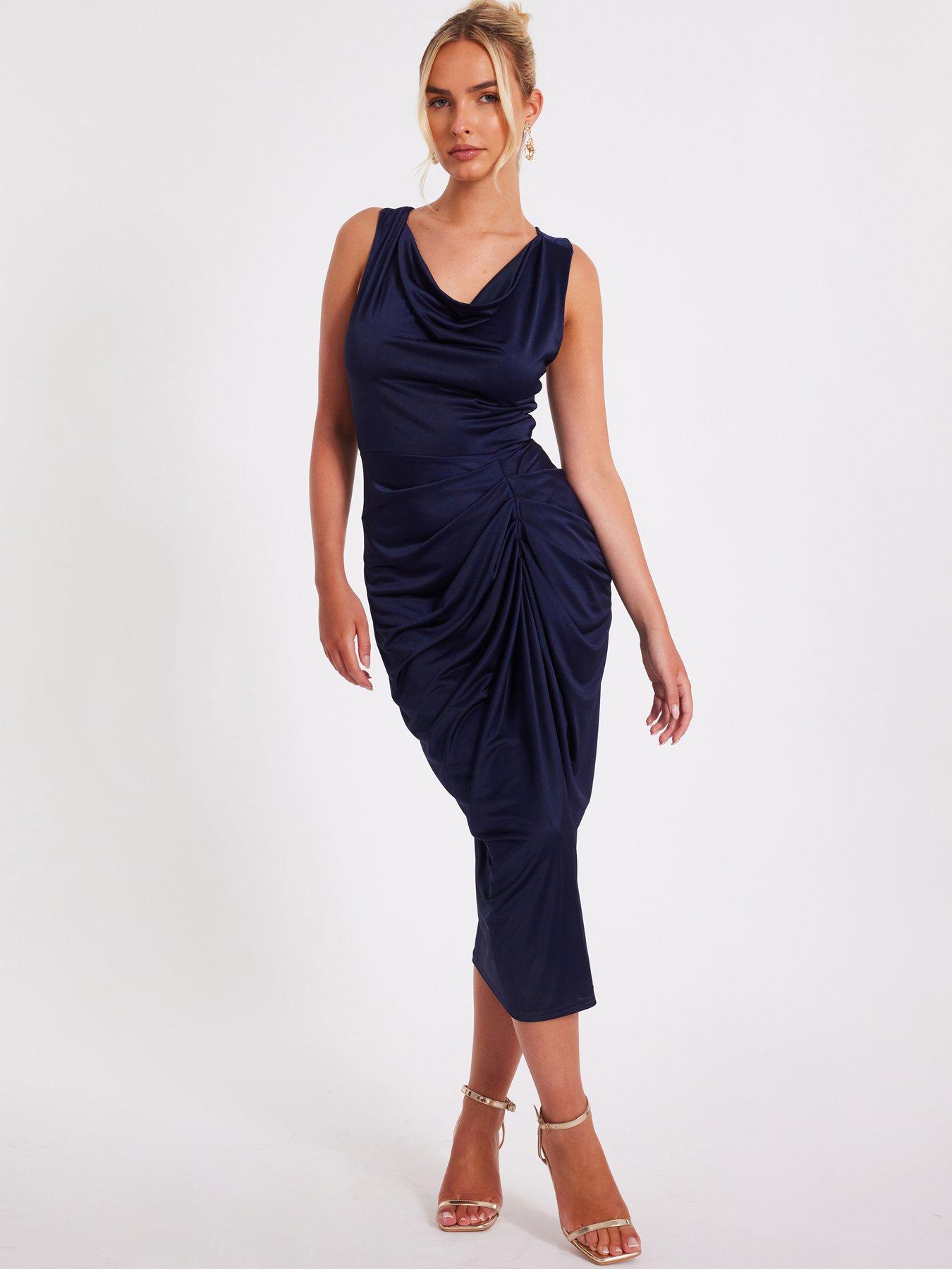 undefined Navy Cowl Neck Midi Dress