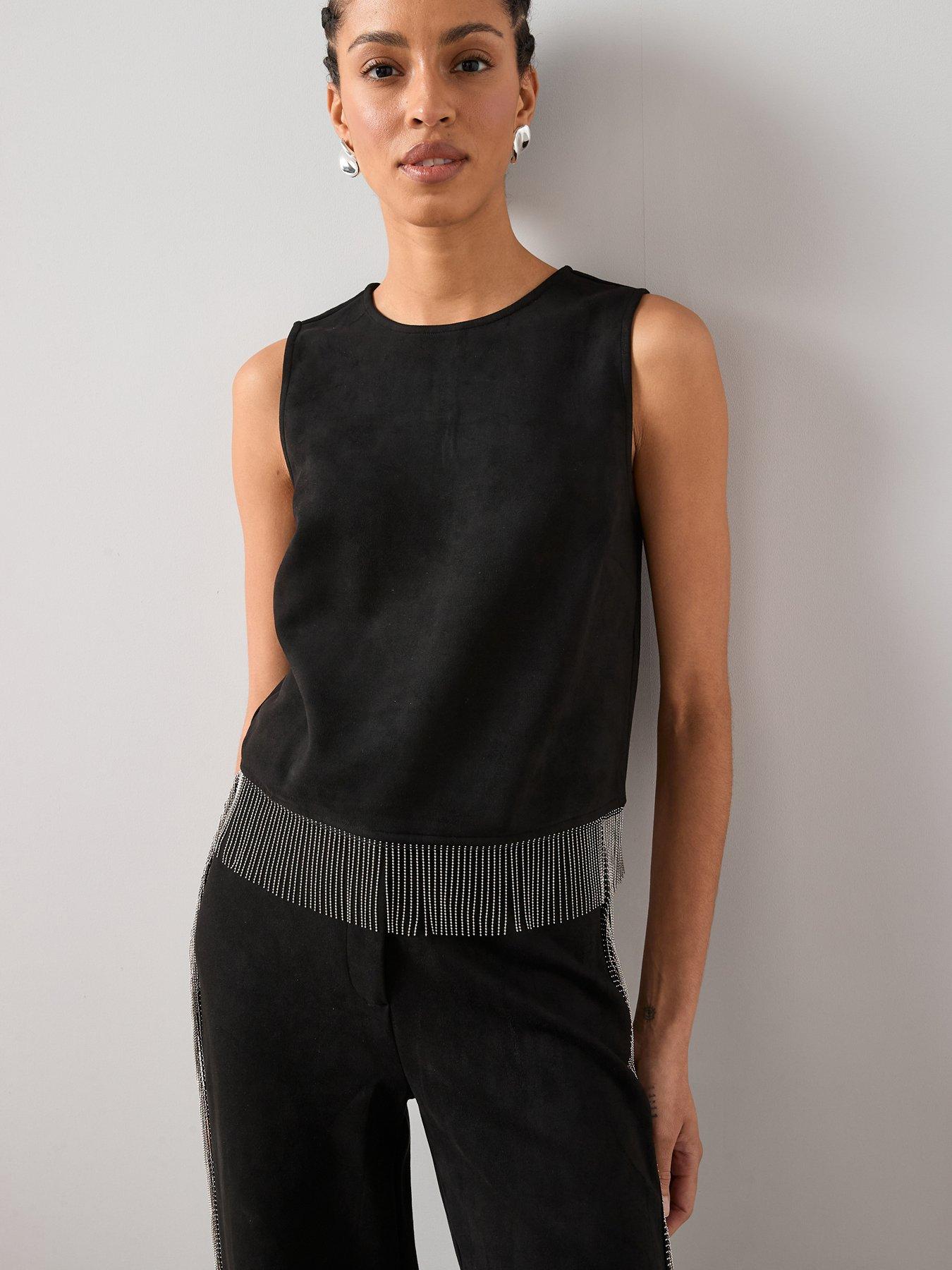 The Very Collection Suede Fringe Co-Ord Top - Black