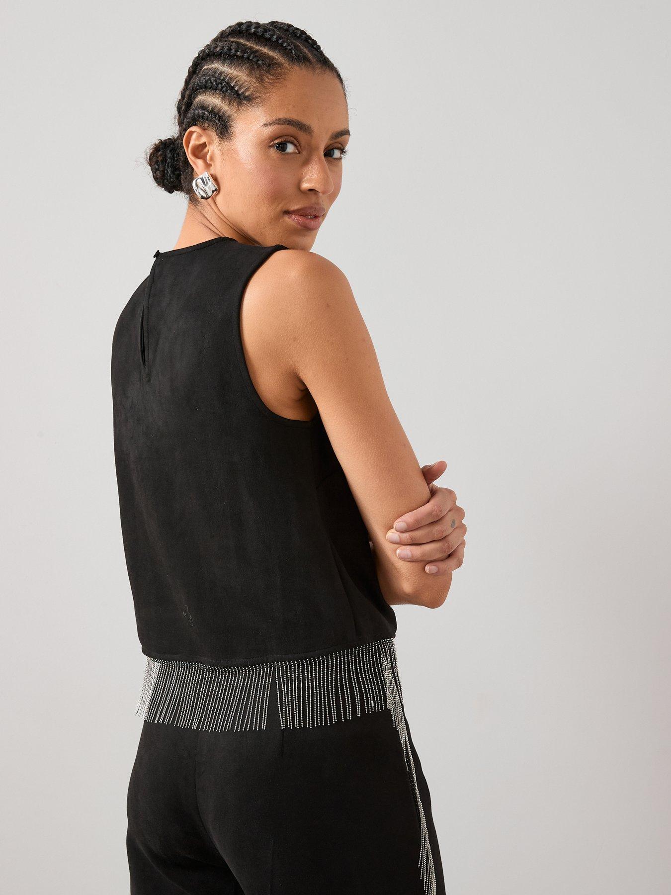 Image 2 of 7 of The Very Collection Suede Fringe Co-Ord Top - Black