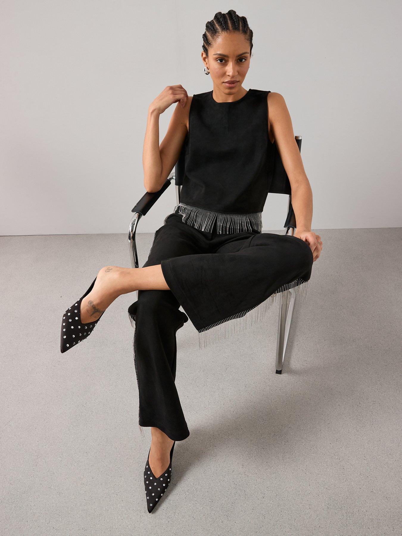 Image 4 of 7 of The Very Collection Suede Fringe Co-Ord Top - Black