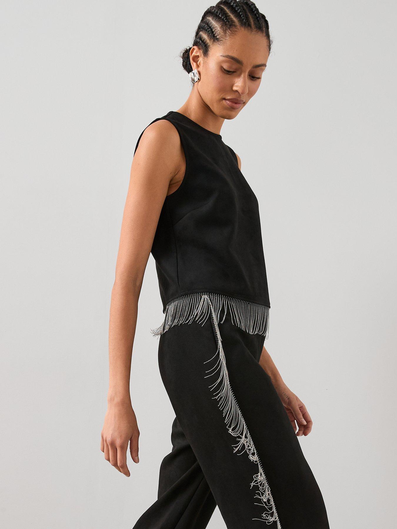 Image 5 of 7 of The Very Collection Suede Fringe Co-Ord Top - Black