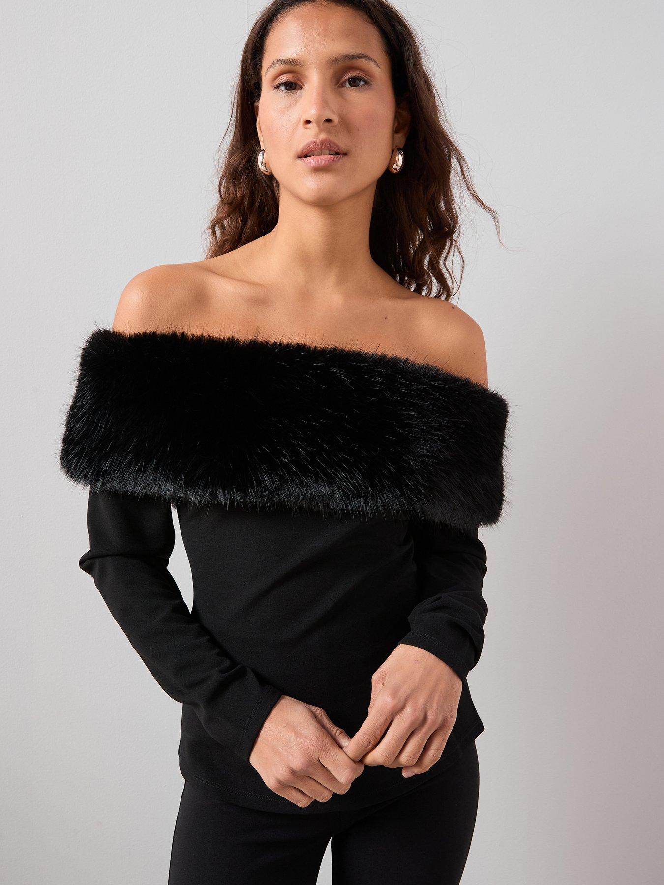 Hood Fur Black Top Clothing Off The Shoulder Fur Trim Top Women's