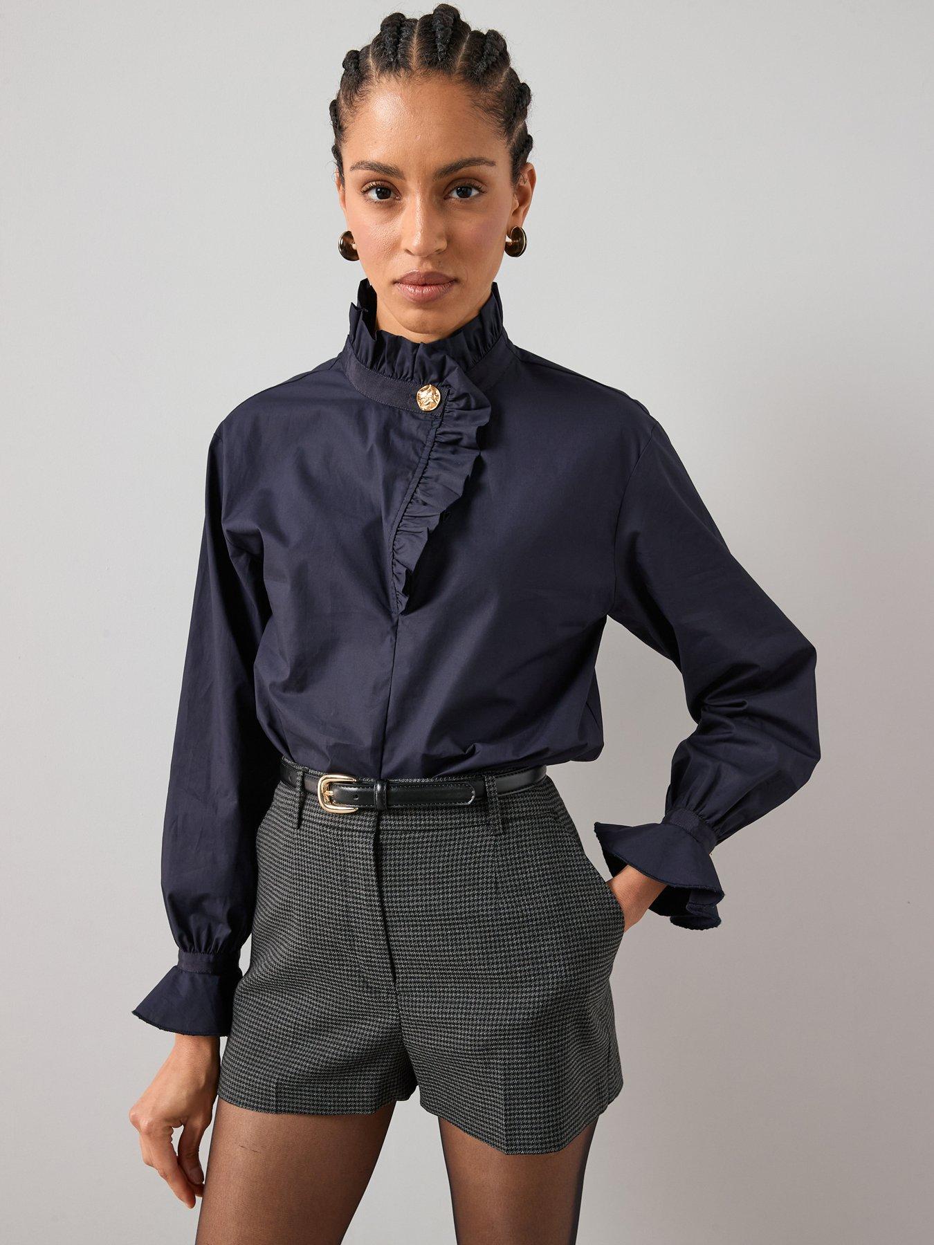 The Very Collection Ruffle Collar Cotton Blouse - Navy