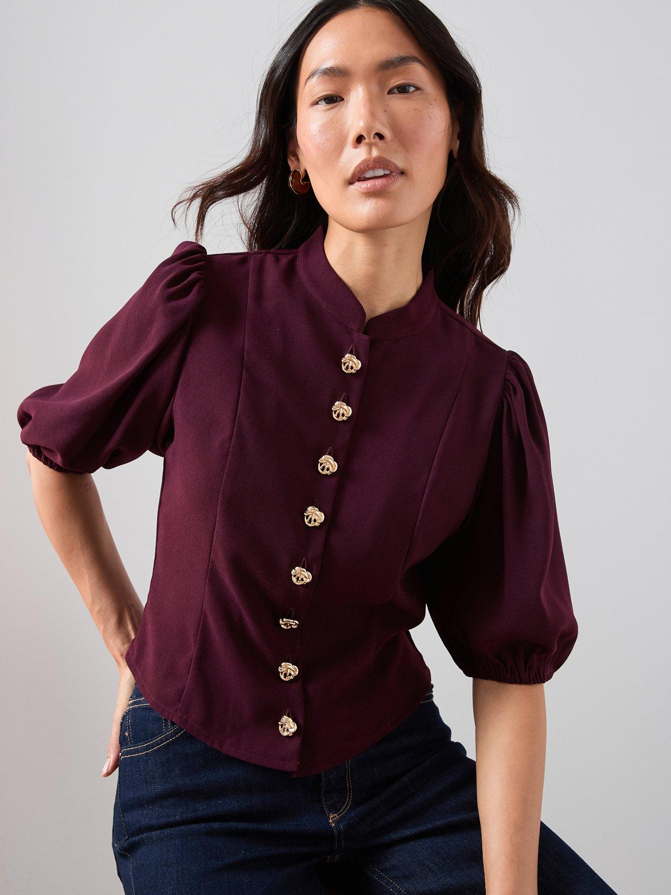 burgundy dress blouse The Very Collection Puff Sleeve Button Through - Brie Larson's Dress | Collection 26 Prom dress summer events Color:Ash