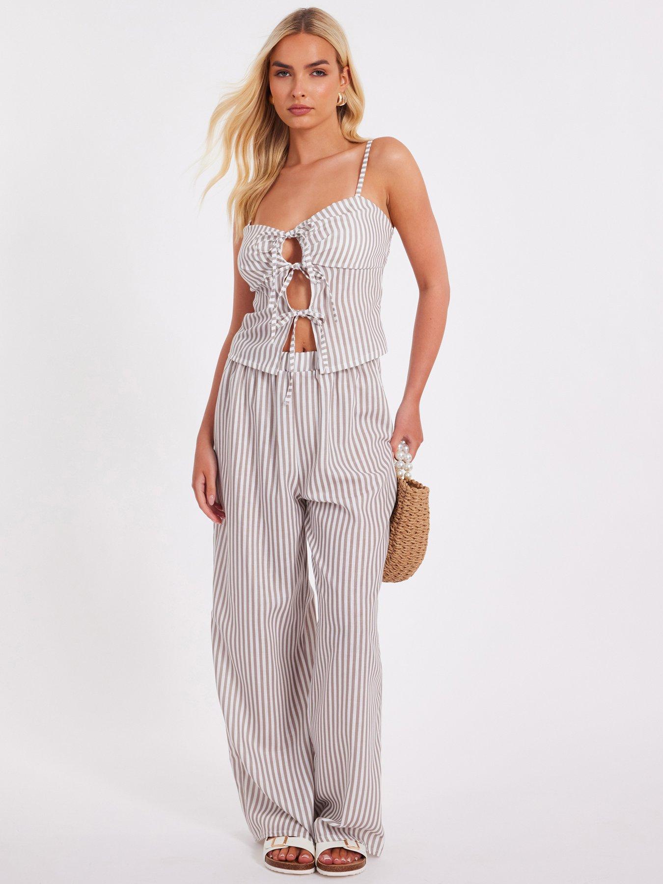 undefined Stone Striped Wide Leg Trousers