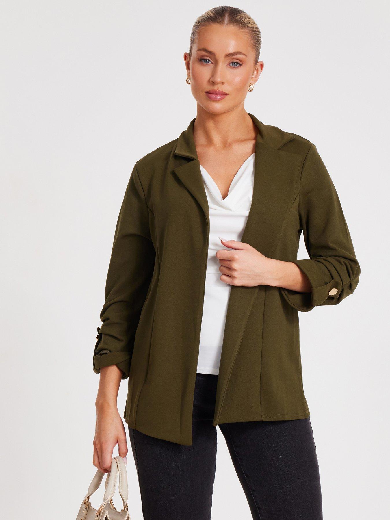 Image 1 of 1 of Quiz Khaki Ruched Sleeve Blazer