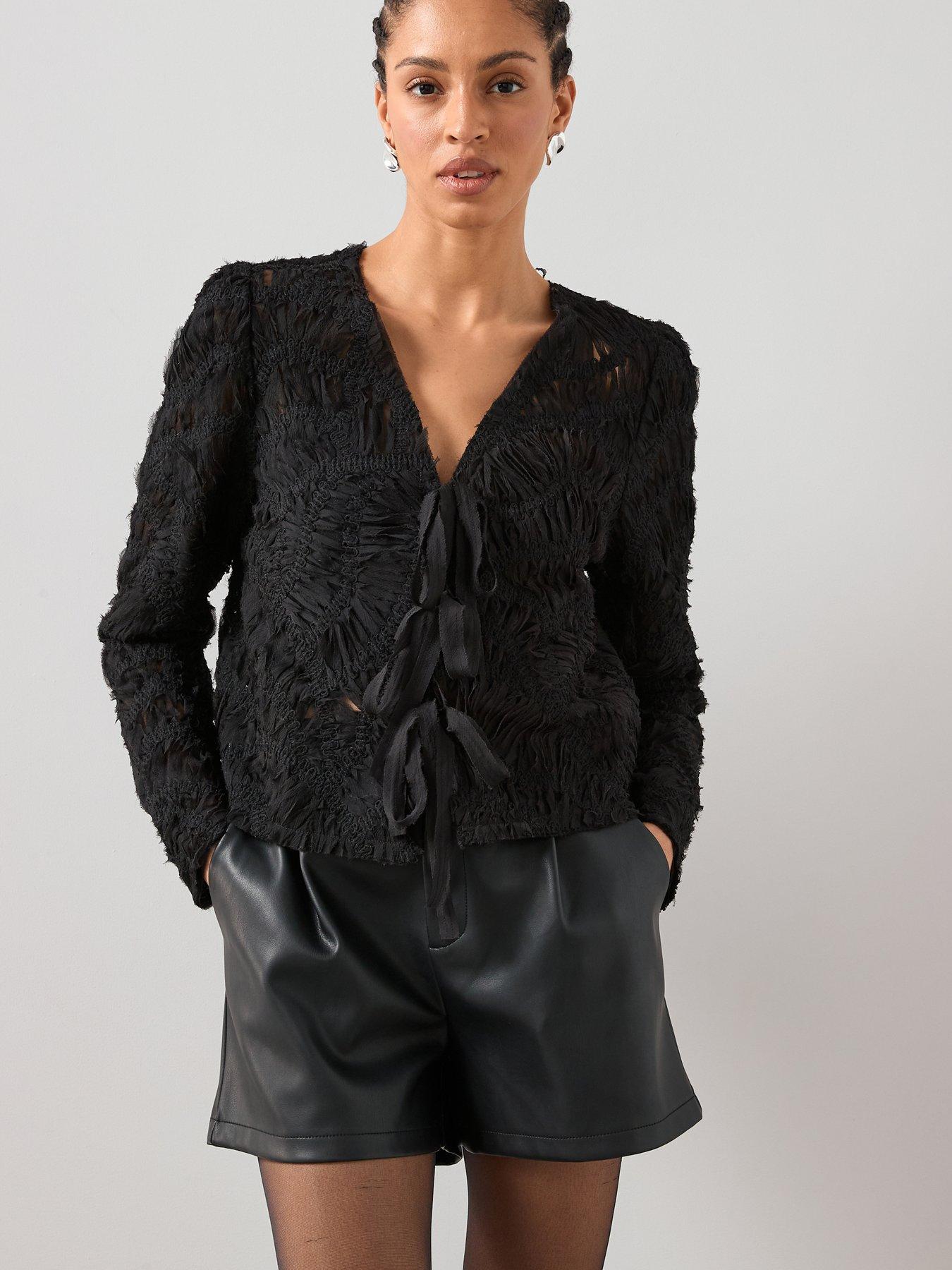 Image 1 of 7 of The Very Collection Embroidery 3D Effect Tie Blouse - Black