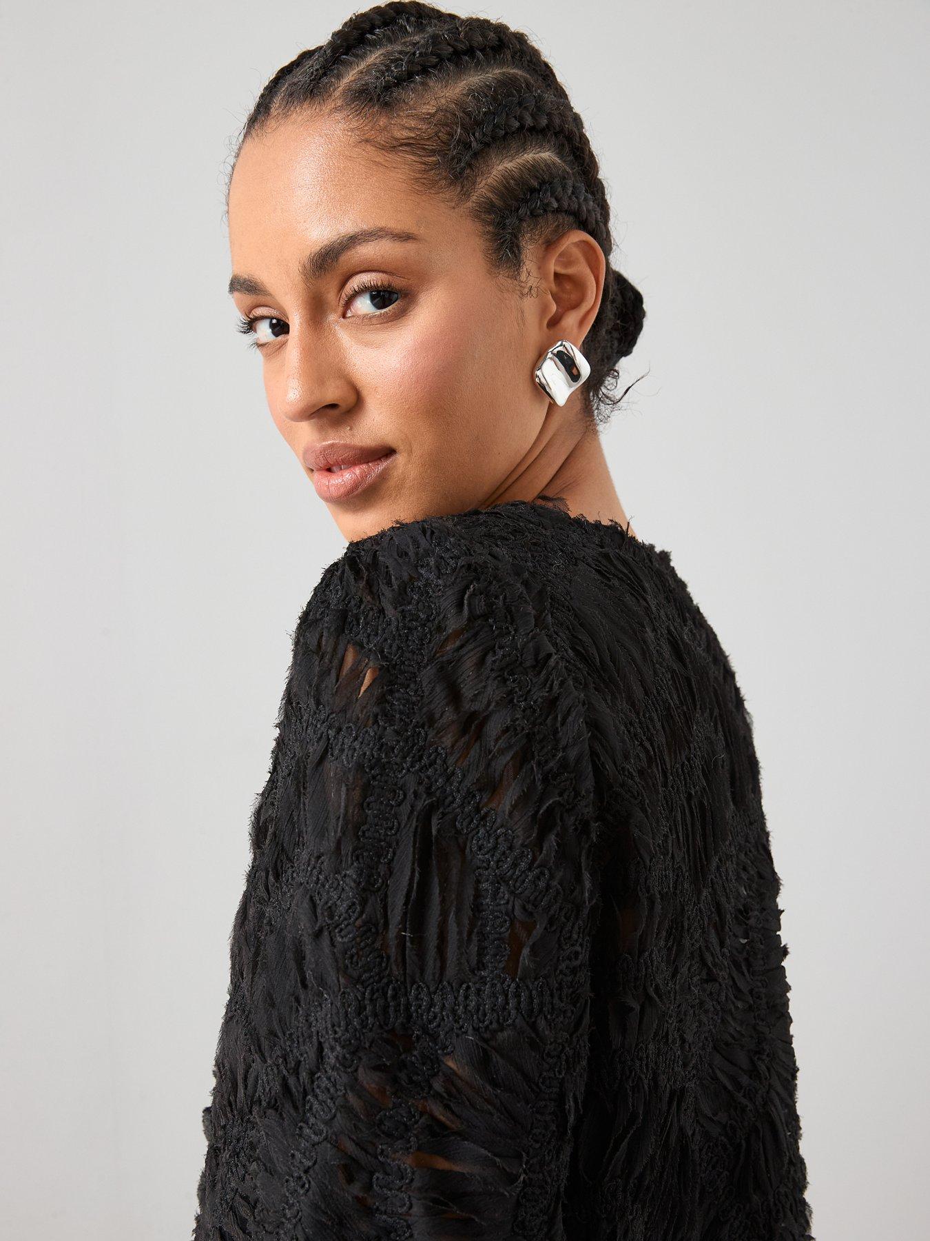Image 4 of 7 of The Very Collection Embroidery 3D Effect Tie Blouse - Black