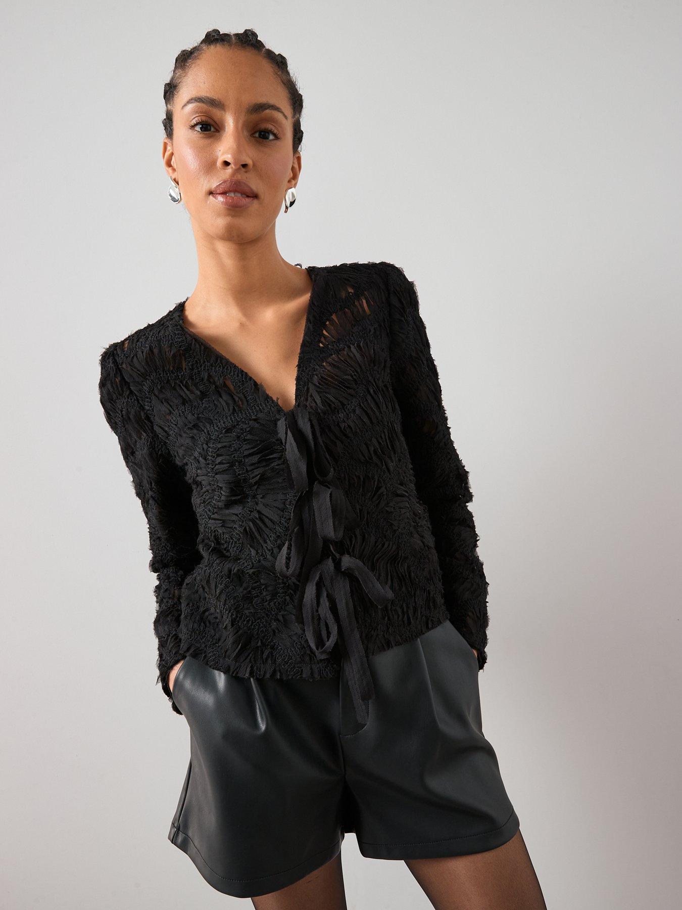 Image 6 of 7 of The Very Collection Embroidery 3D Effect Tie Blouse - Black
