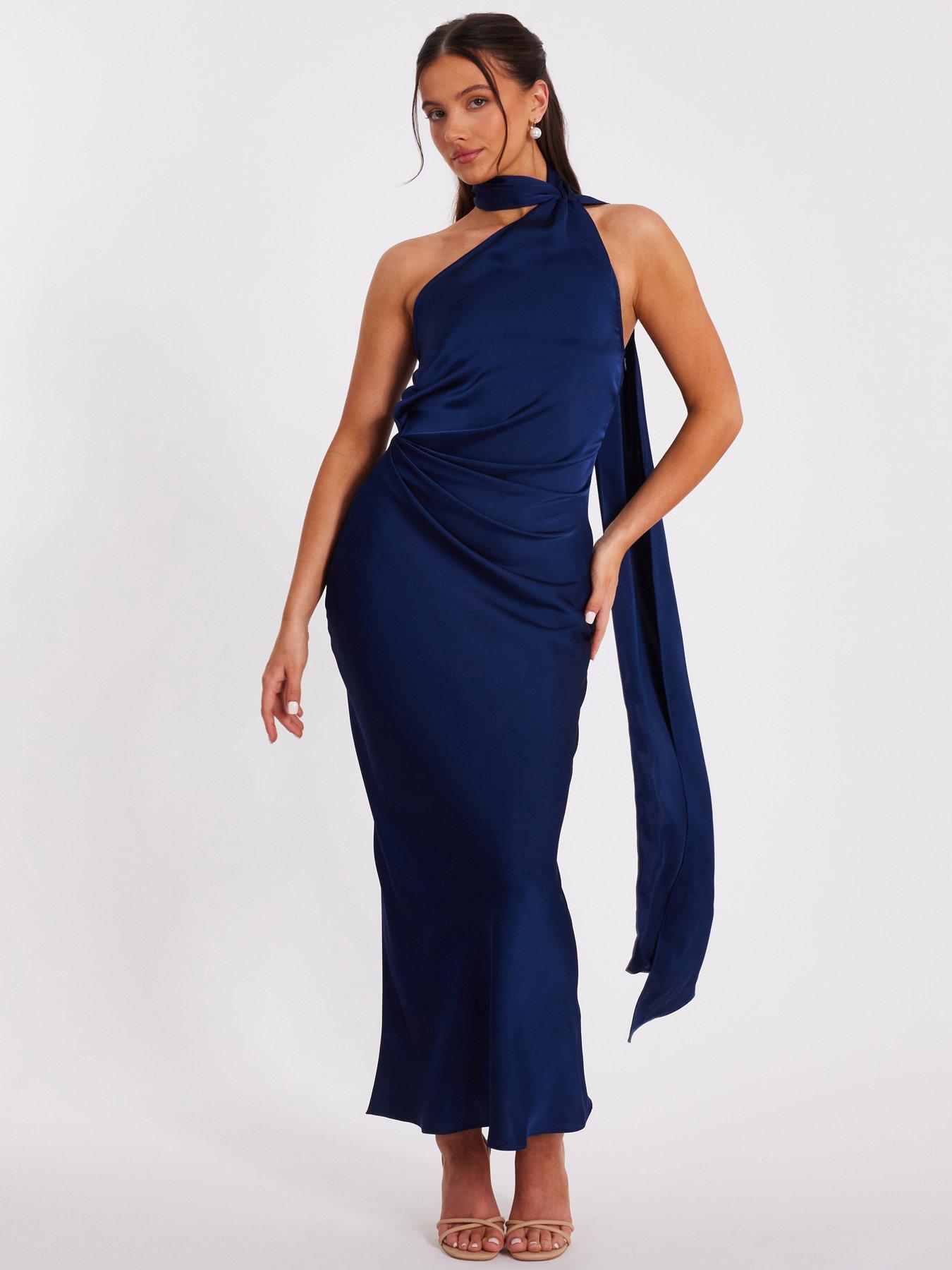 undefined Petite Navy Satin Wrap Neck Maxi Dress