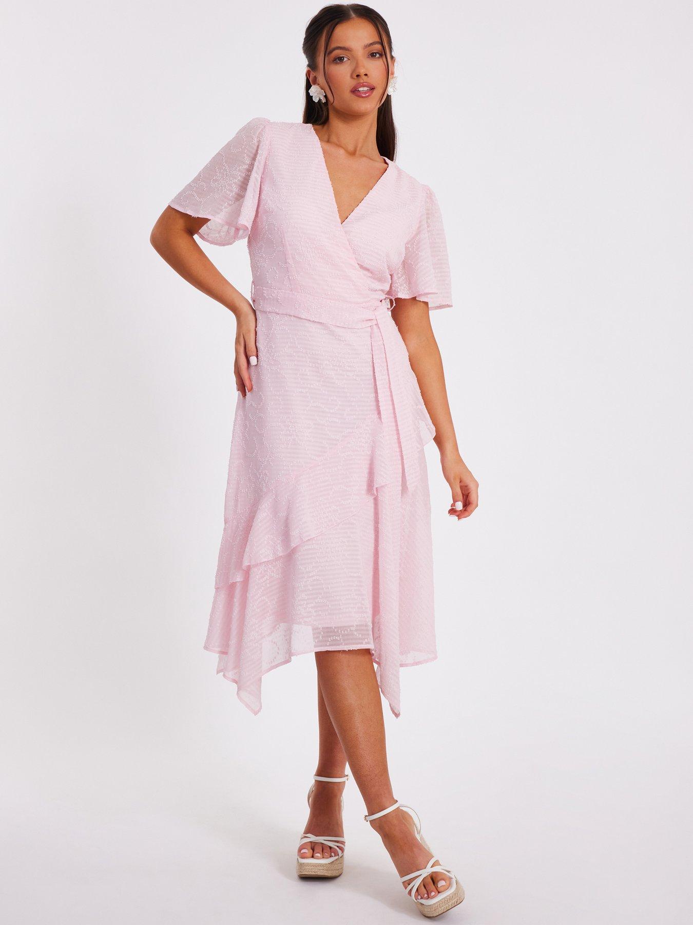 strapless open back dress Light Pink Floral Pleated Short Sleeve Chiffon Midi Dress – PinkBlush main image 1