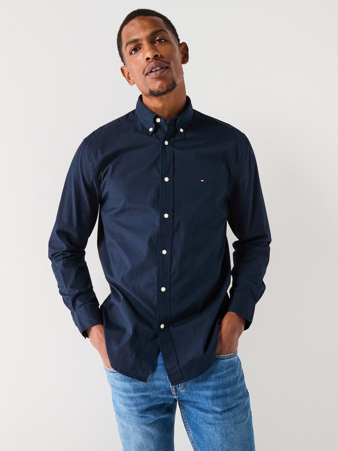 Tommy Hilfiger Flex Poplin Solid Regular Fit Long Sleeve Shirt, Navy, Size L, Men