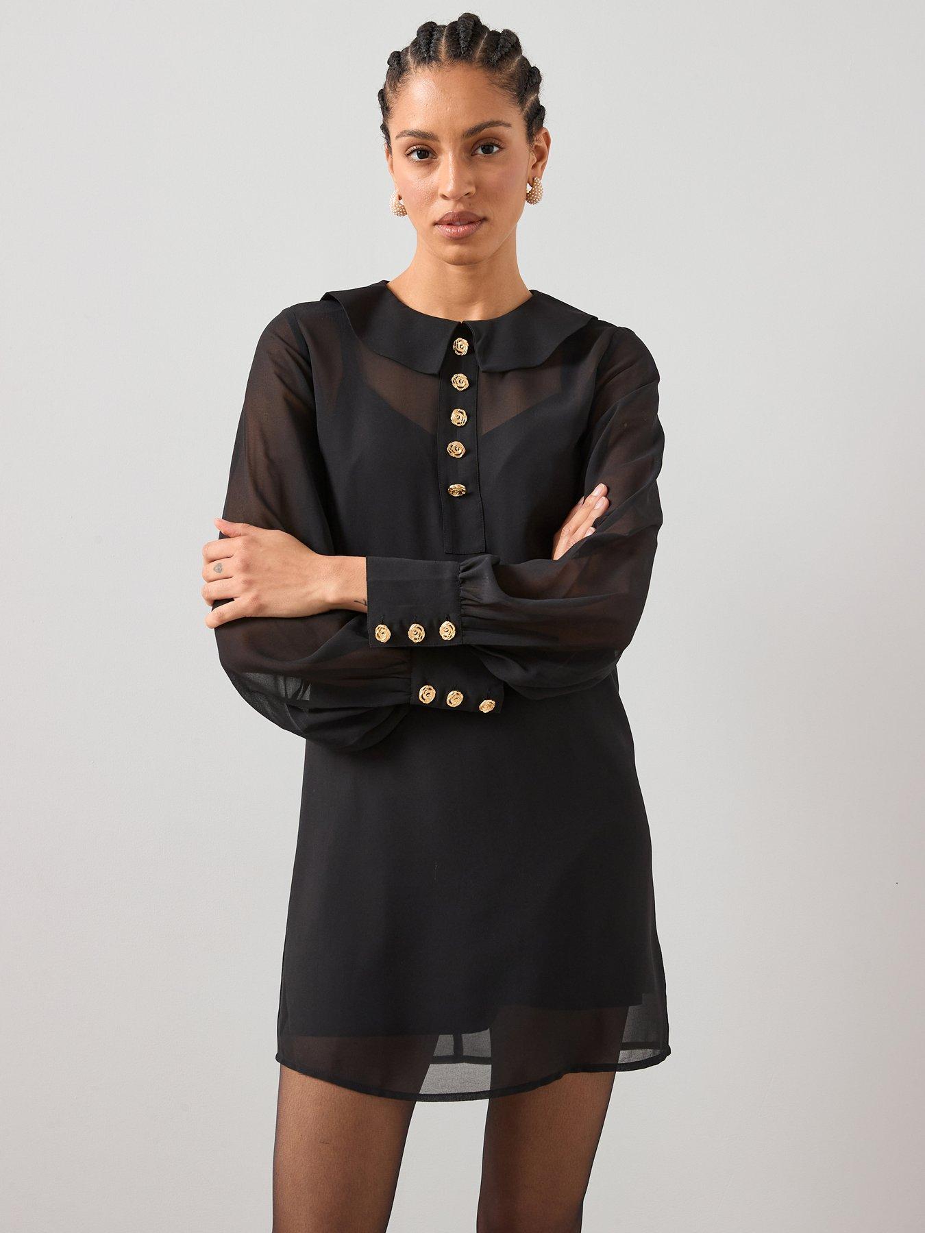 The Very Collection Rose Button Collar Mini Shift Dress - Black