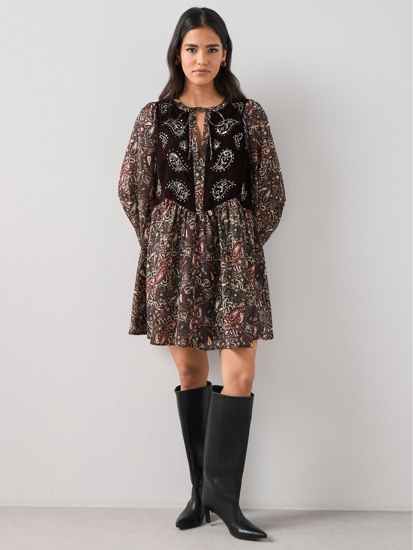 Image 3 of 7 of The Very Collection Velvet Embroidered Printed Mini Dress - Print