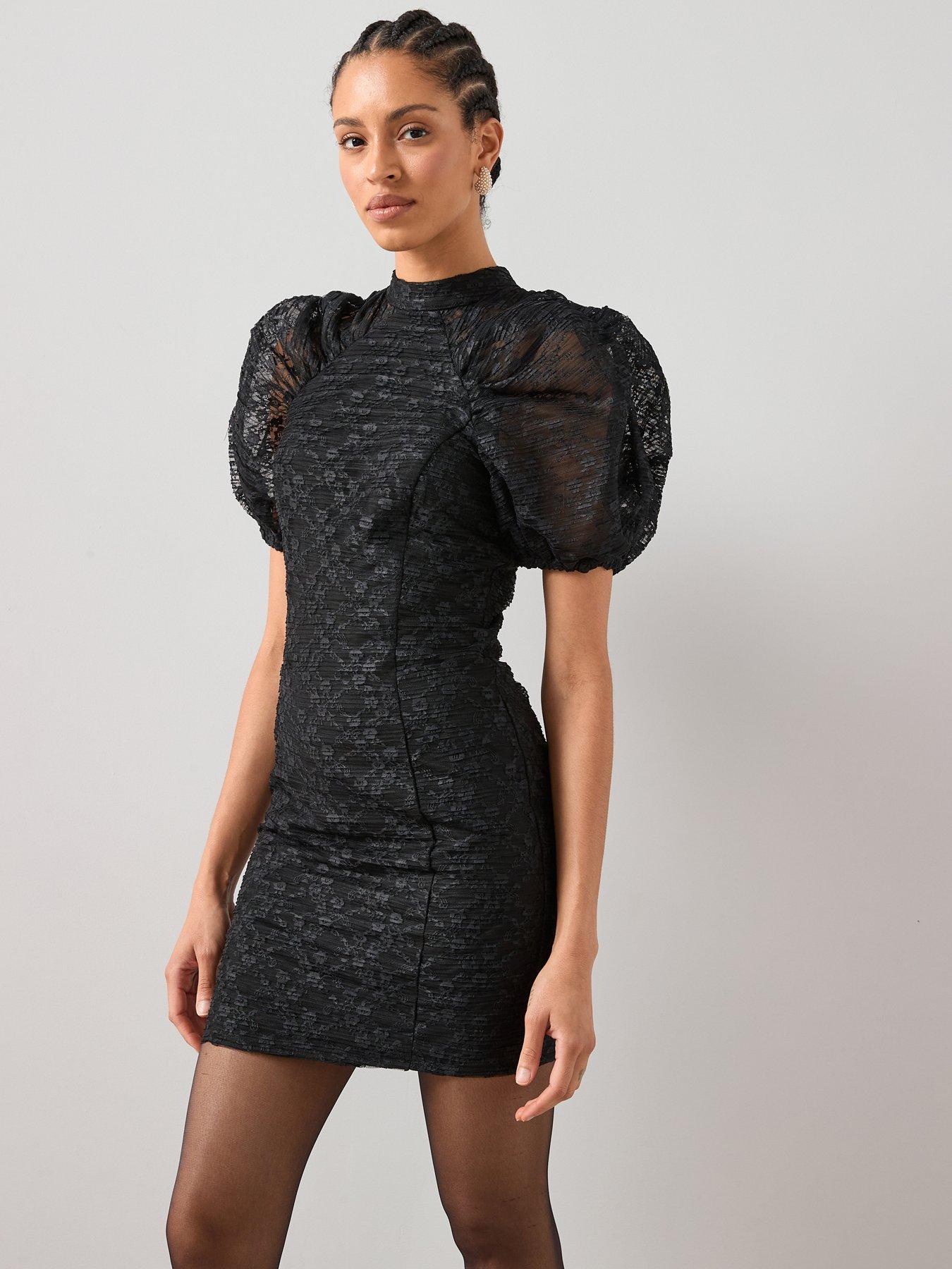 Image 1 of 6 of The Very Collection Lace Gathered Sleeve Mini Dress - Black