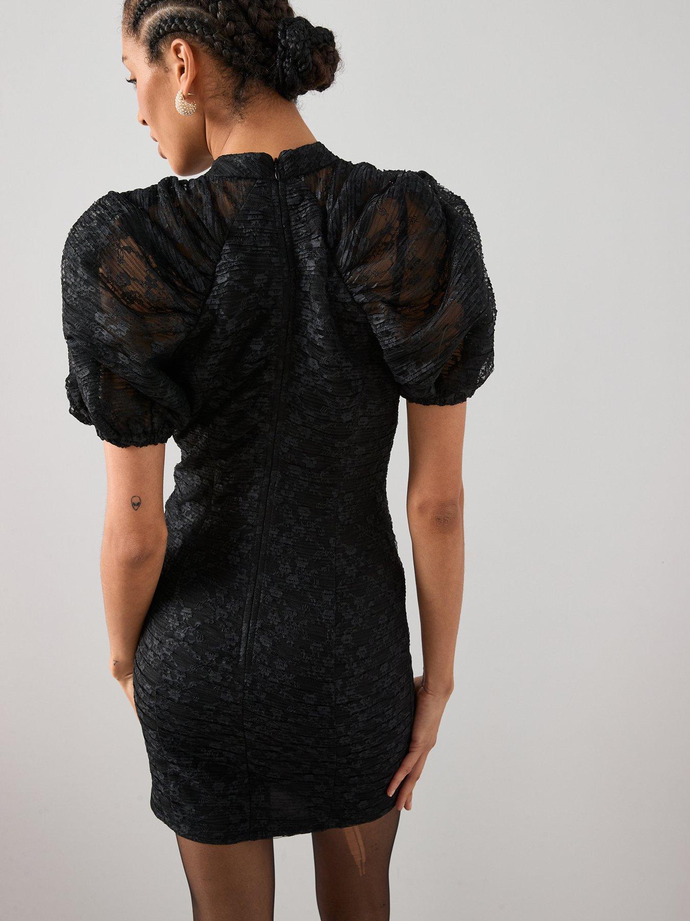 Image 2 of 6 of The Very Collection Lace Gathered Sleeve Mini Dress - Black