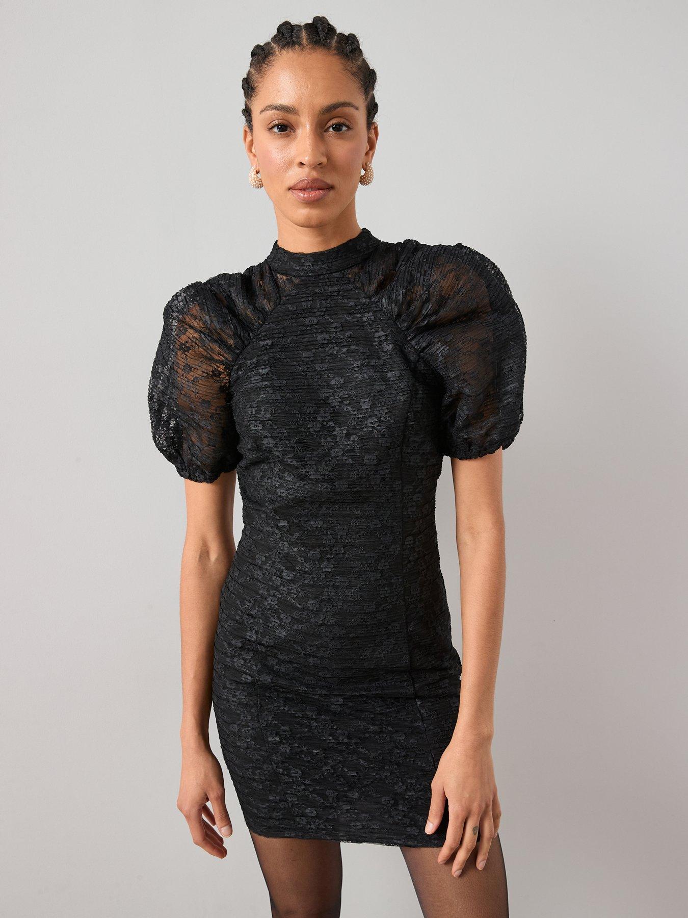 Image 4 of 6 of The Very Collection Lace Gathered Sleeve Mini Dress - Black