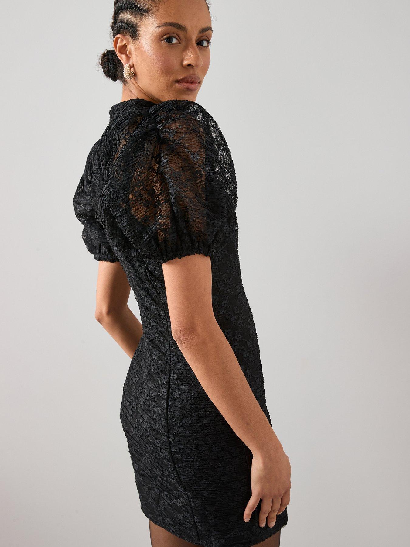 Image 5 of 6 of The Very Collection Lace Gathered Sleeve Mini Dress - Black