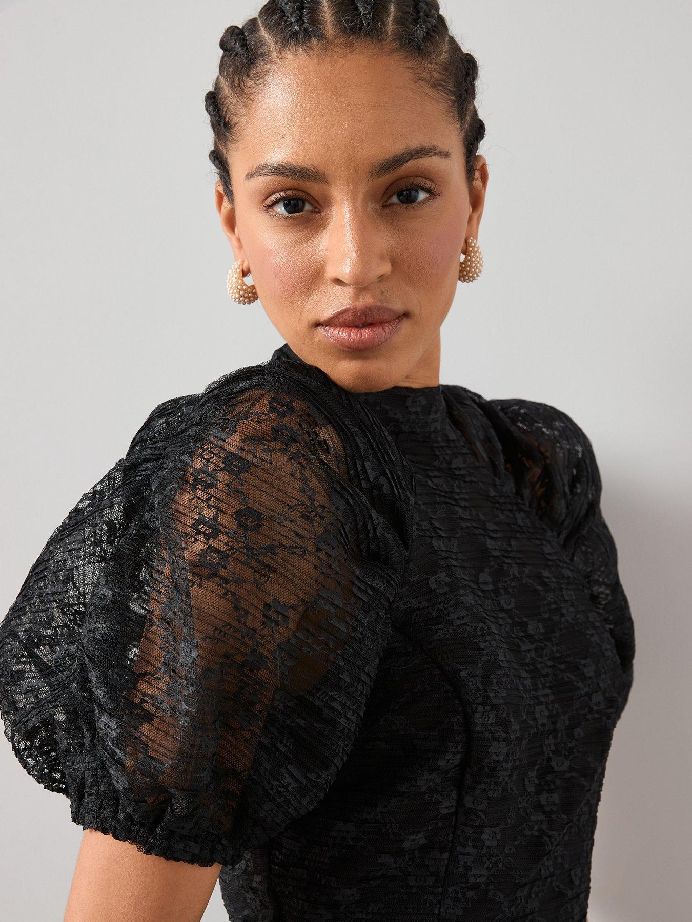 Image 6 of 6 of The Very Collection Lace Gathered Sleeve Mini Dress - Black