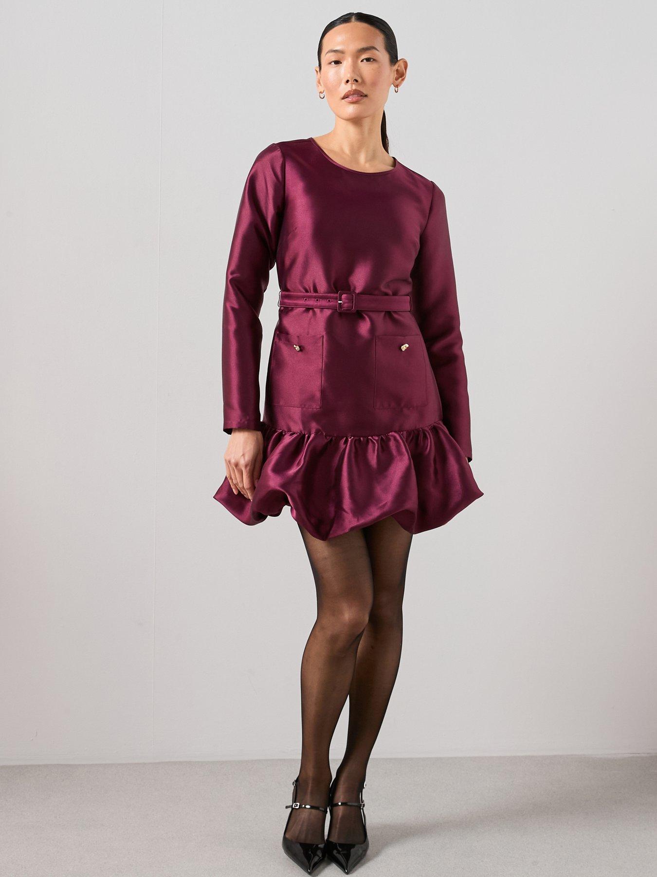 The Very Collection: Satin Puff Ball Belted Mini Dress - Plum