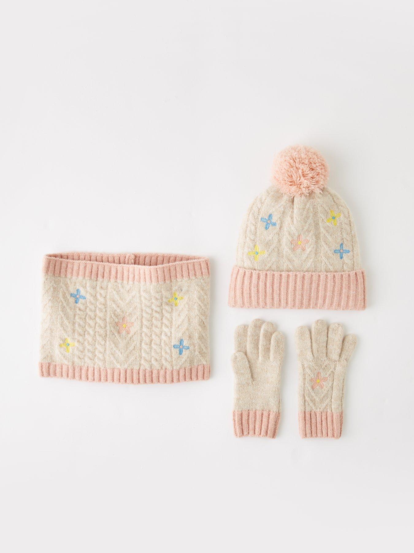 The Very Collection Kids Embroidered Flower Hat, Snood And Gloves Set 3 Piece - Cream