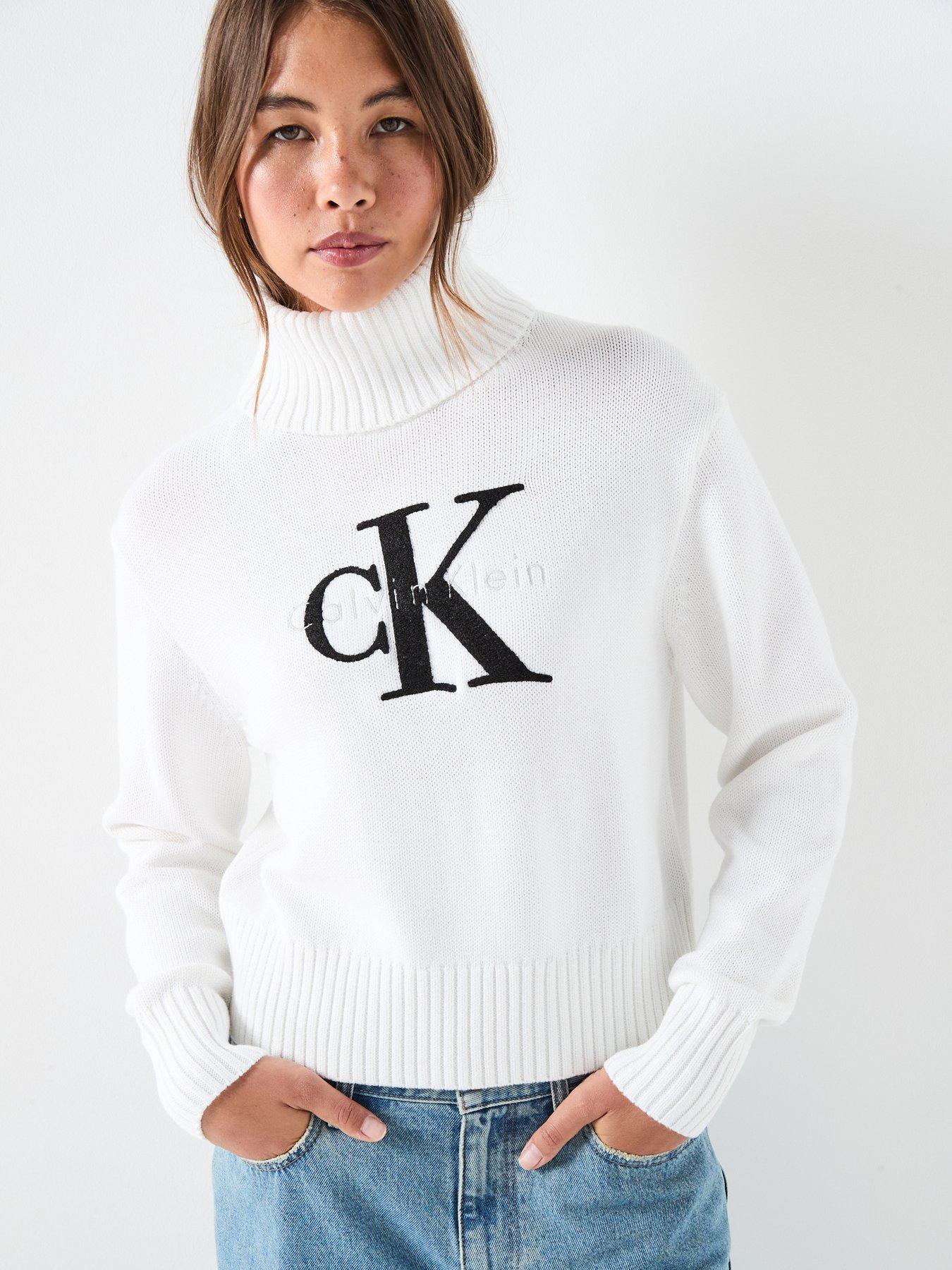 Calvin Klein Jeans Monologo Sweater, White, Size Xl, Women