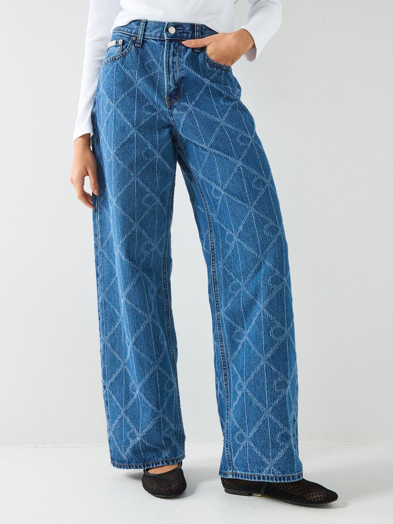 Calvin Klein Jeans Low Rise Baggy Ck Print Jeans, White, Size 32, Inside Leg 32, Women