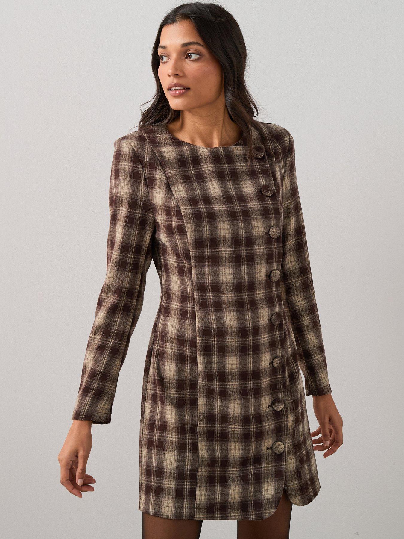 The Very Collection Long Sleeve Button Down Checked Mini Dress - Print