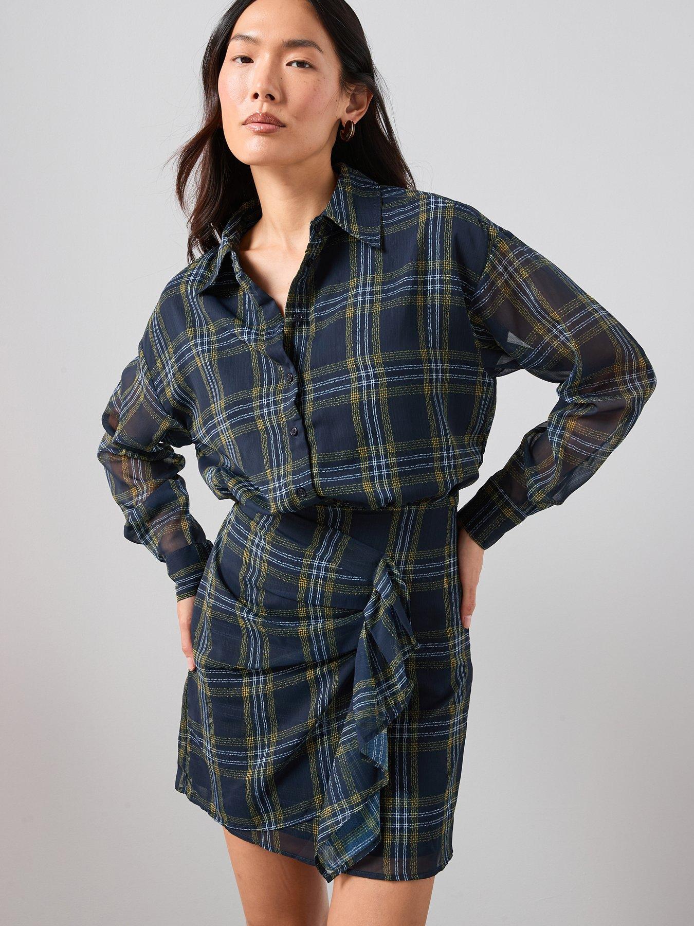 The Very Collection: Checked Ruffle Detail Mini Shirt Dress - Print