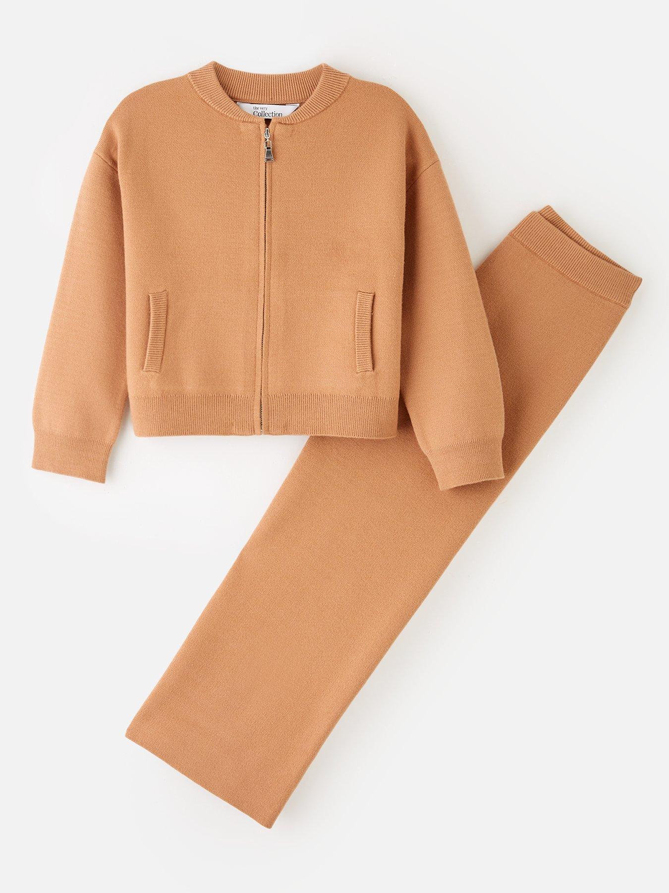 The Very Collection Girls Knitted Bomber And Wide Leg Trousers - Camel
