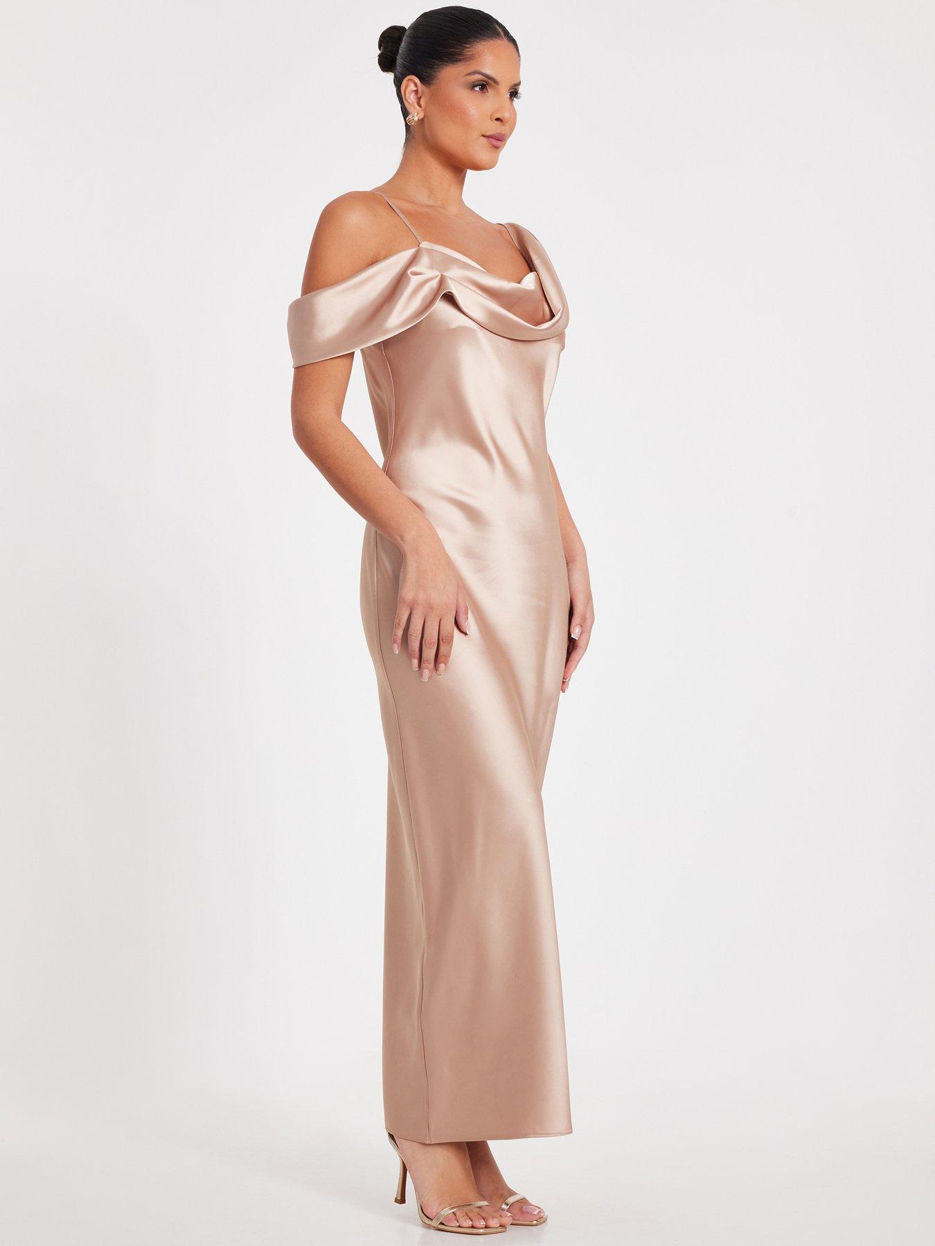 quiz champagne dress Bow Dress Quiz Champagne Dress Premium Champagne Bow Front Midi Dress   Kirsty's Kloset
