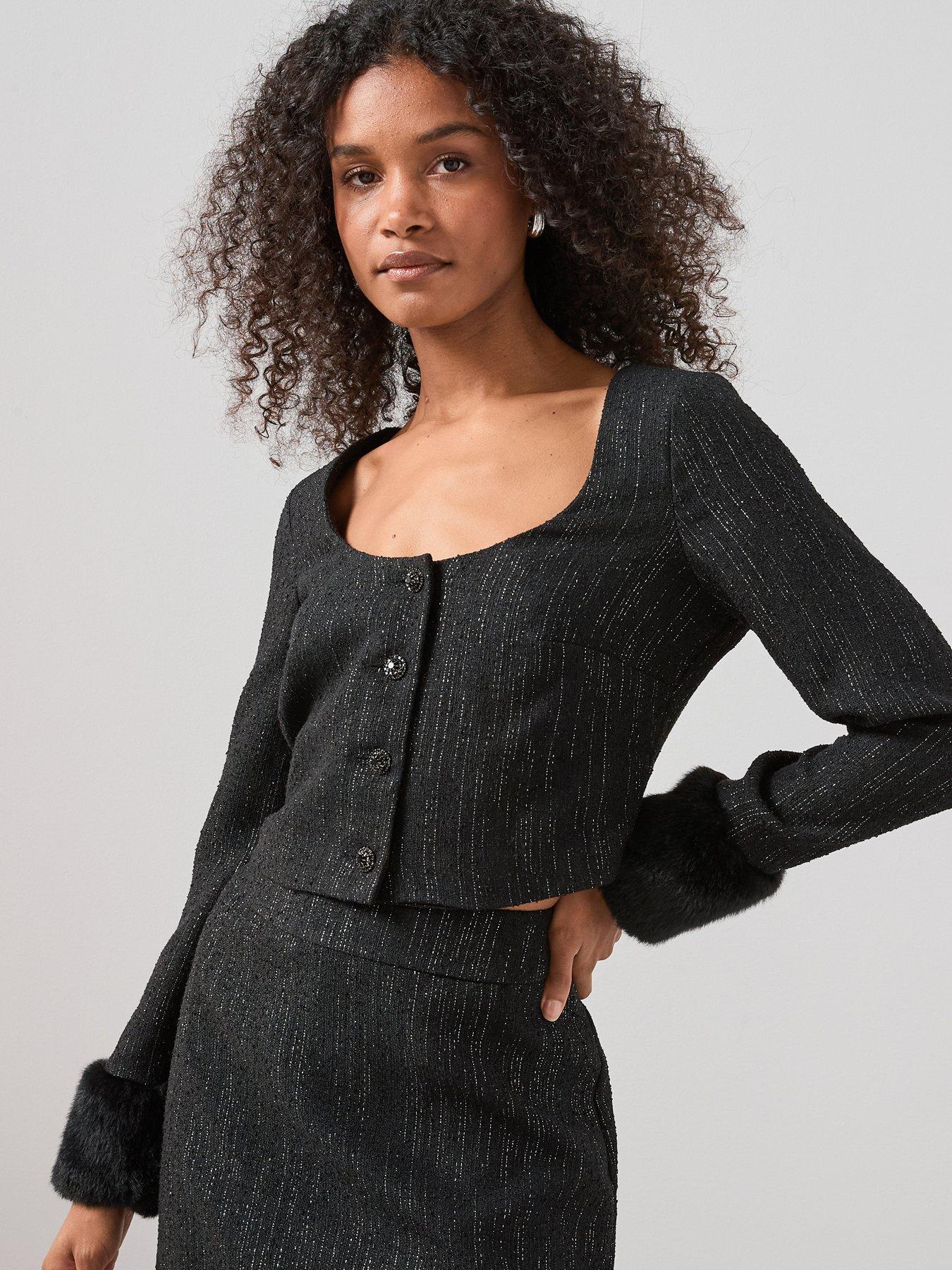 The Very Collection Faux Fur Trim Scoop Neck Blazer Co-Ord - Black