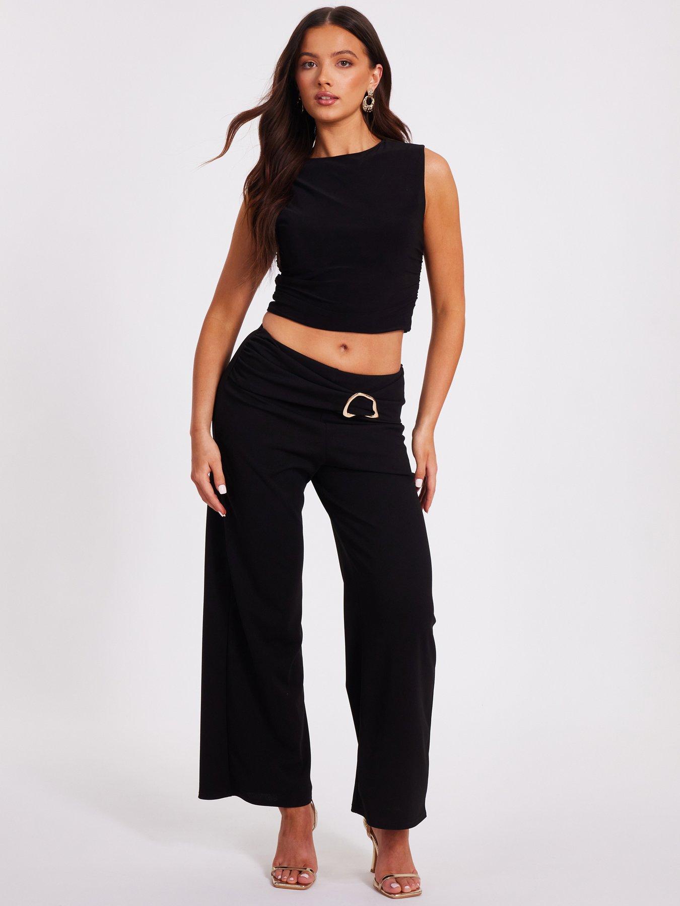undefined Petite Black Tie Waist Palazzo Trousers