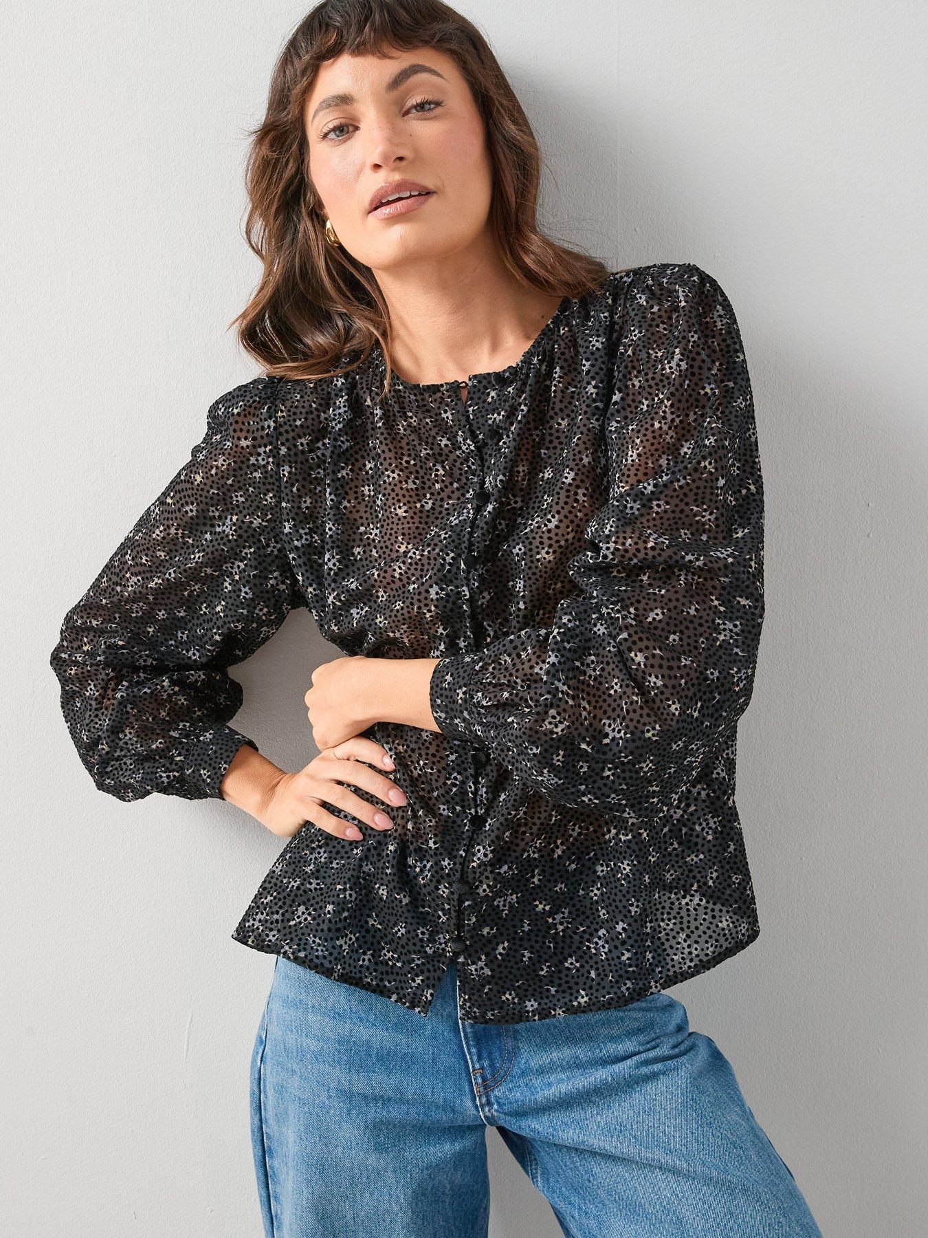 The Very Collection Ditsy Floral Button Through Blouse - Black