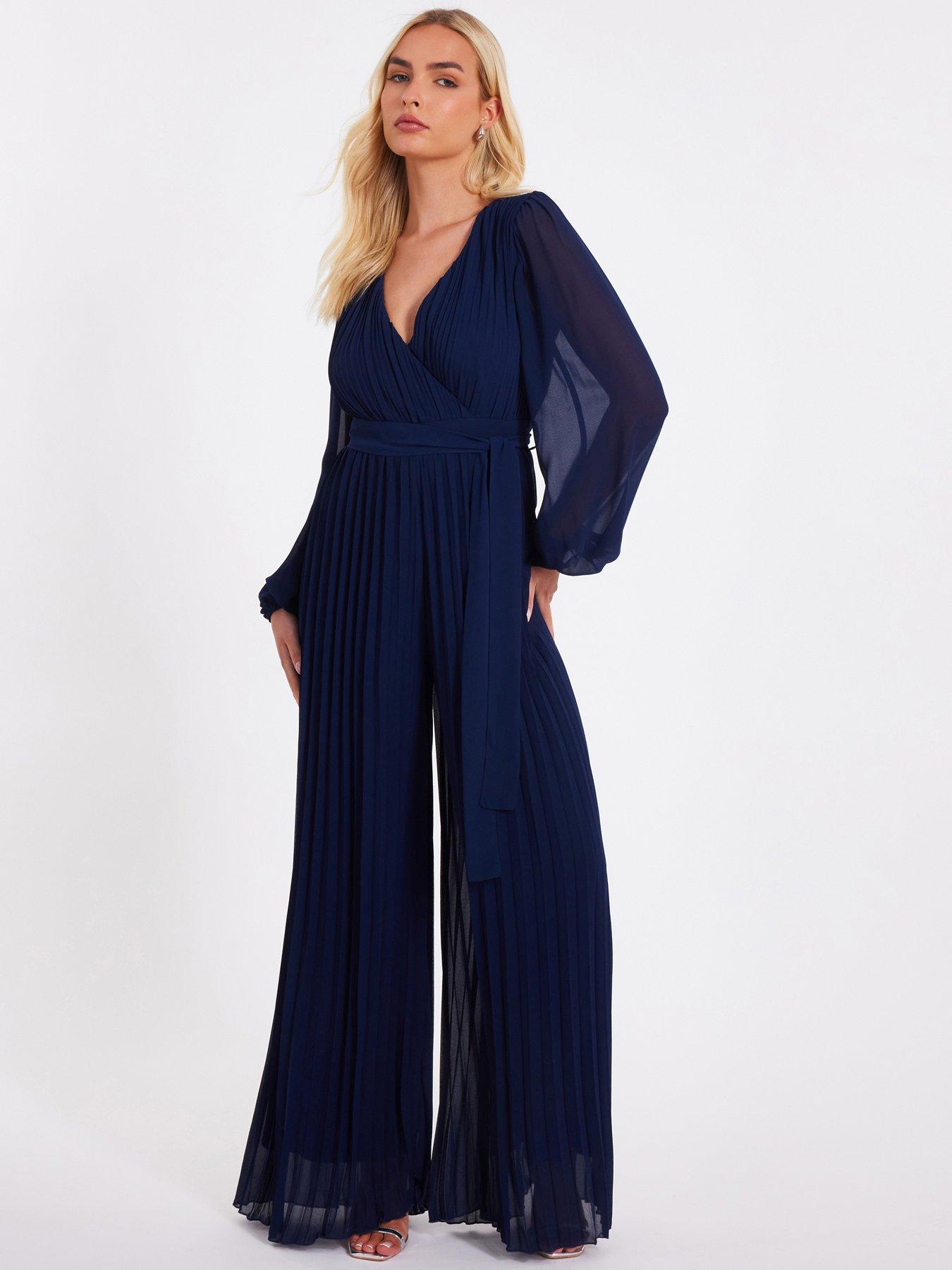 undefined Navy Chiffon Pleated Jumpsuit