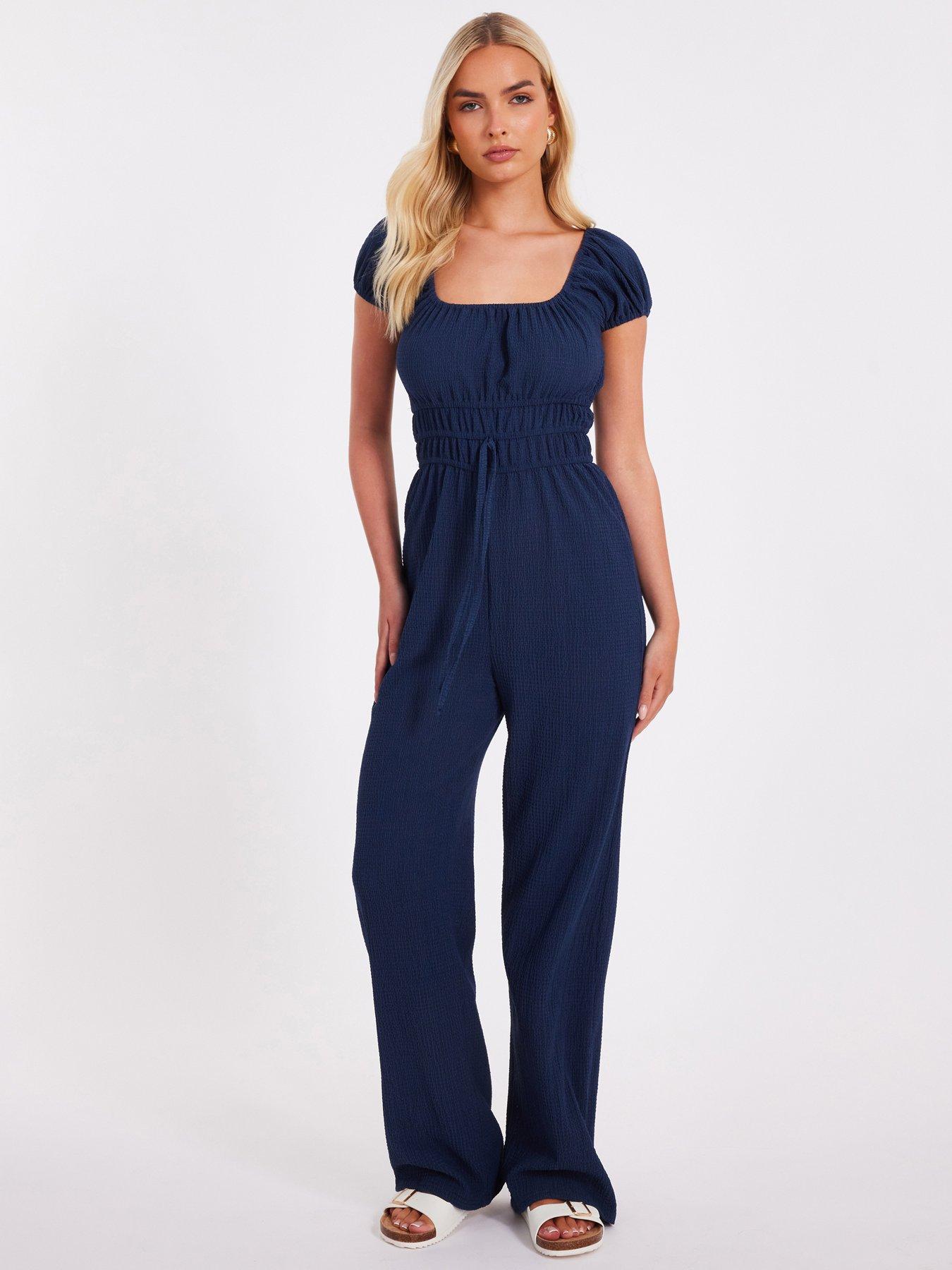 undefined Navy Textured Puff Sleeve Jumpsuit