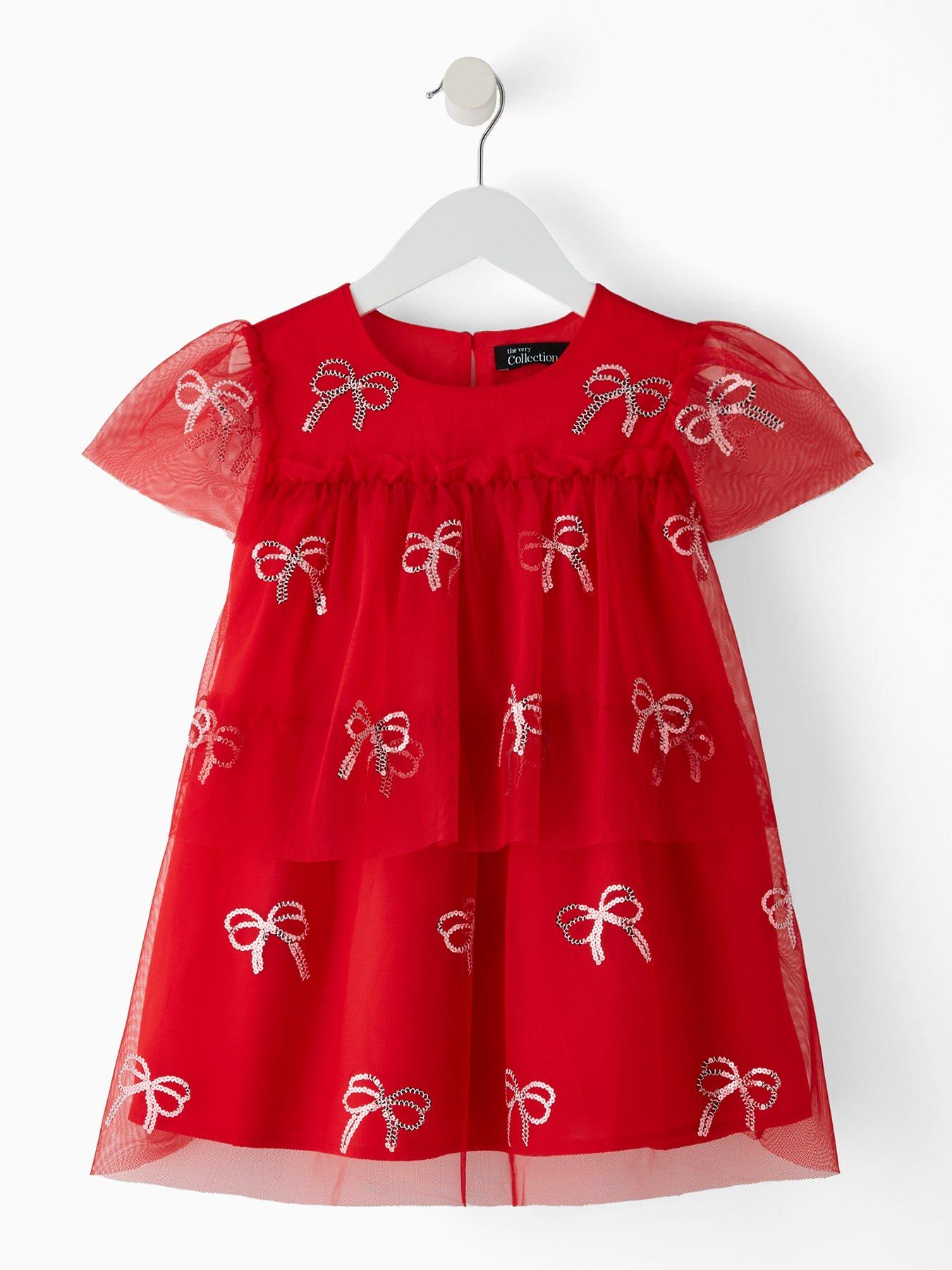 The Very Collection Girls Sequin Bow Party Dress - Red