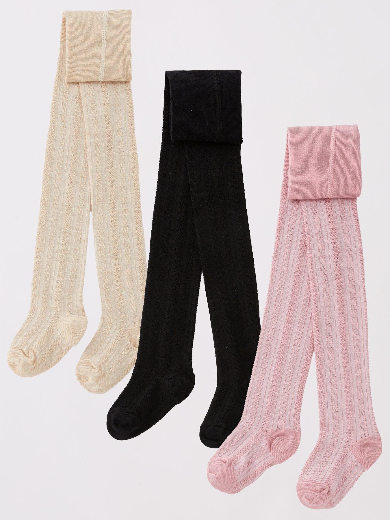 undefined Girls 3 Pack Cable Tights - Black/Cream/Pink - Multi